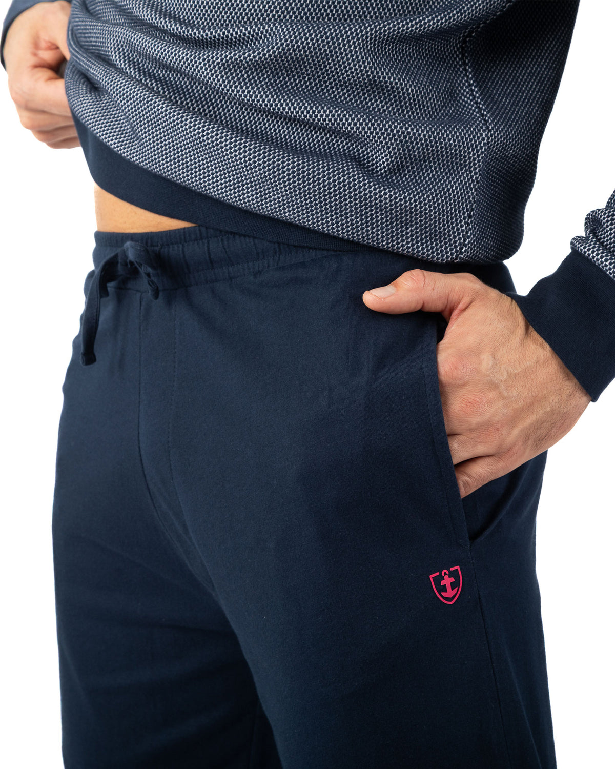 Pyjama homme Col rond maille Piqué jacquard en coton Marine I470