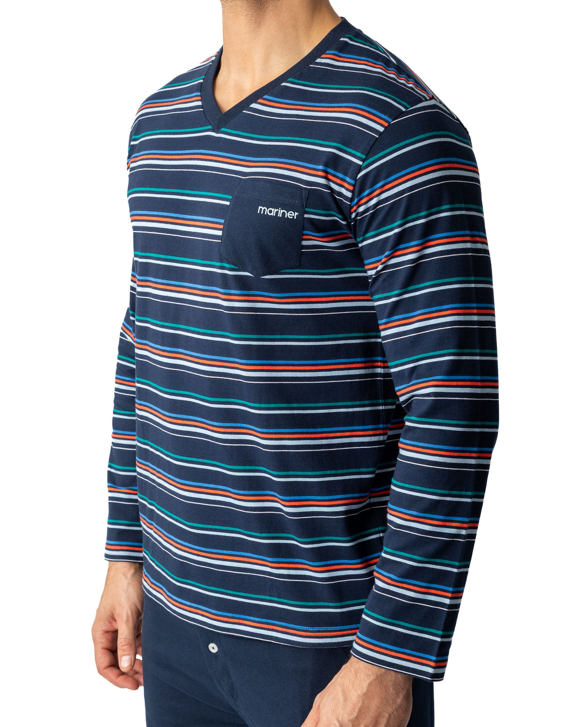 Herenpyjama met V-hals in gestreept zuiver katoen Jersey Navy I471