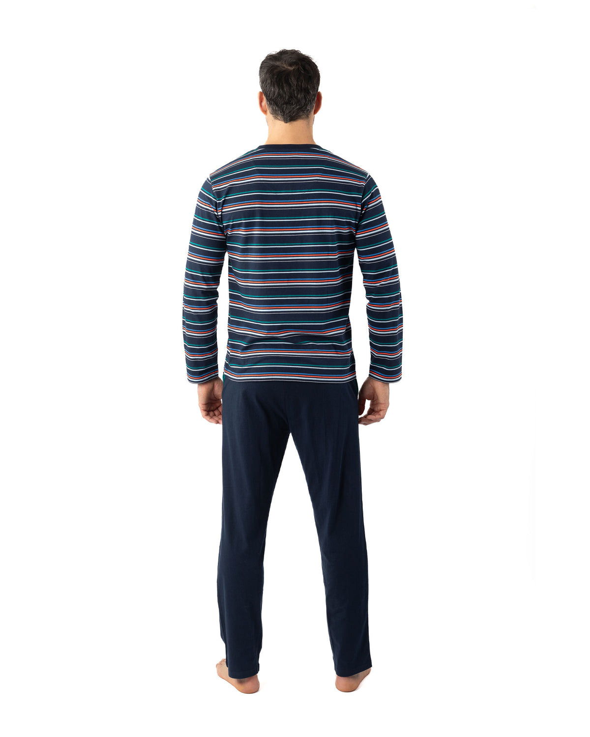 Herenpyjama met V-hals in gestreept zuiver katoen Jersey Navy I471