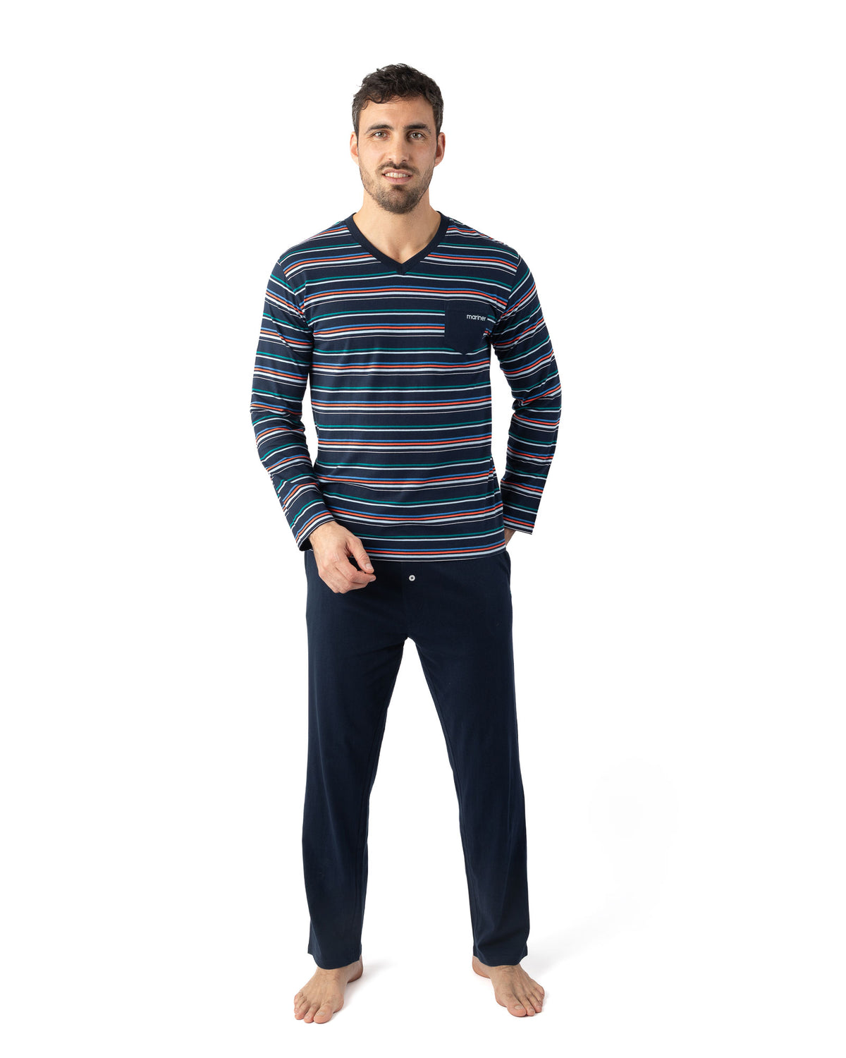 Herenpyjama met V-hals in gestreept zuiver katoen Jersey Navy I471