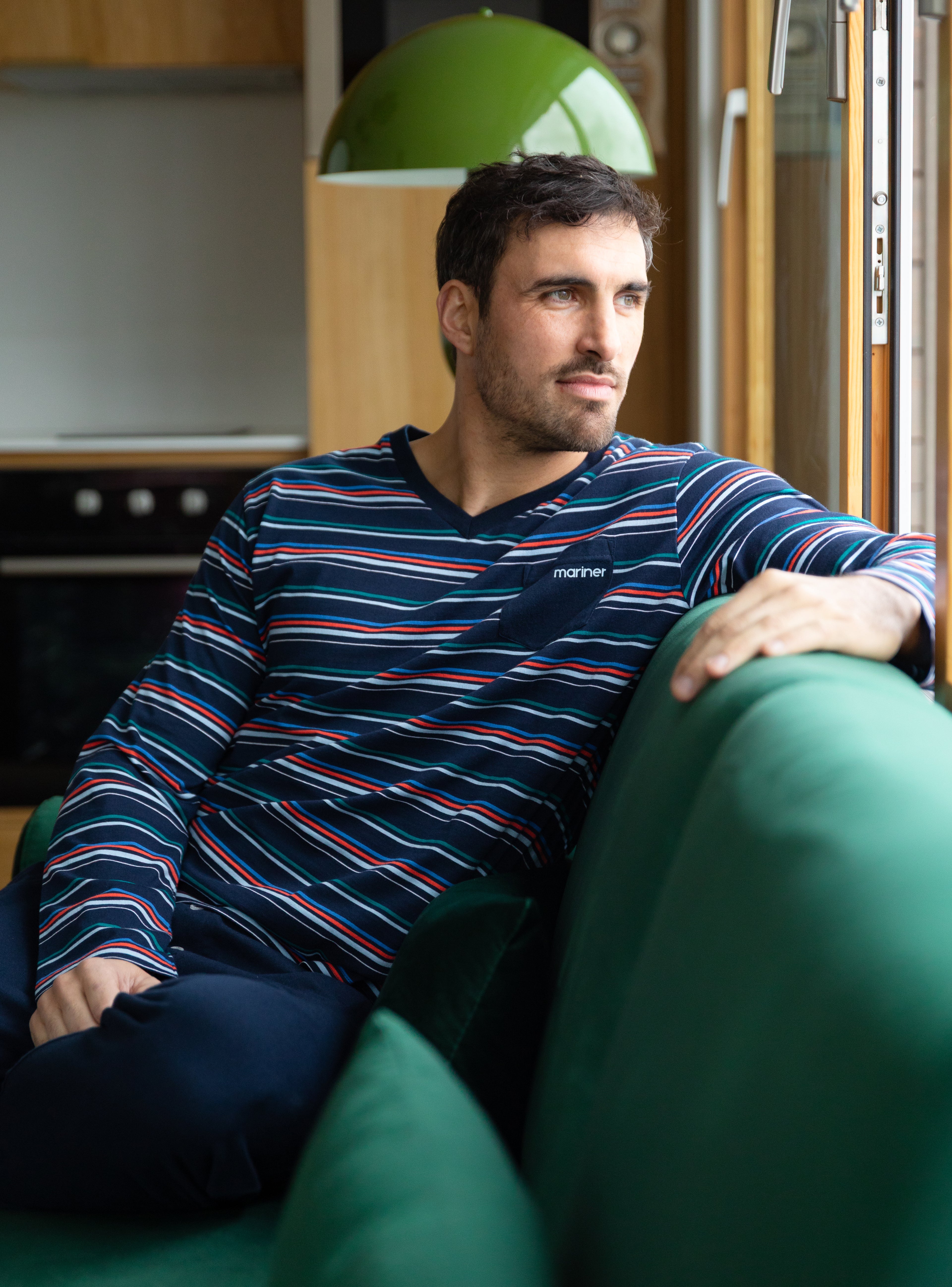 Blue Striped Cotton Jersey V-Neck Pajamas