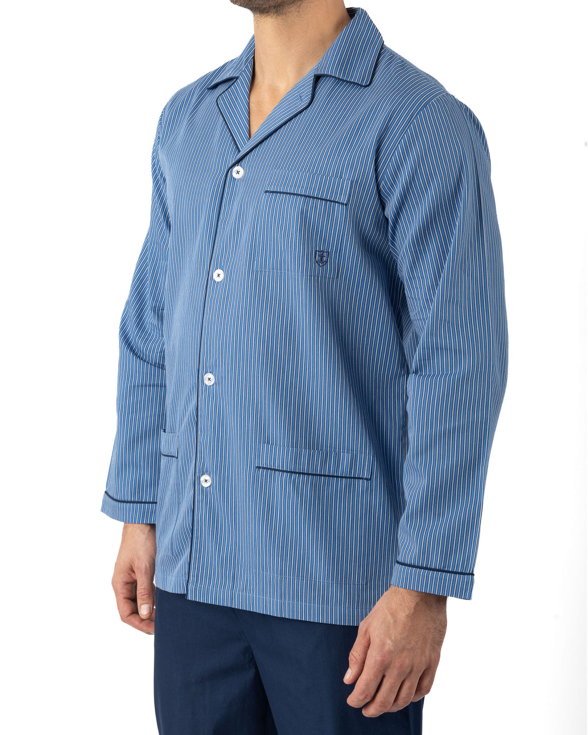 Lange open pyjama in gestreepte popeline van zuiver gekamd katoen BLAUW I474