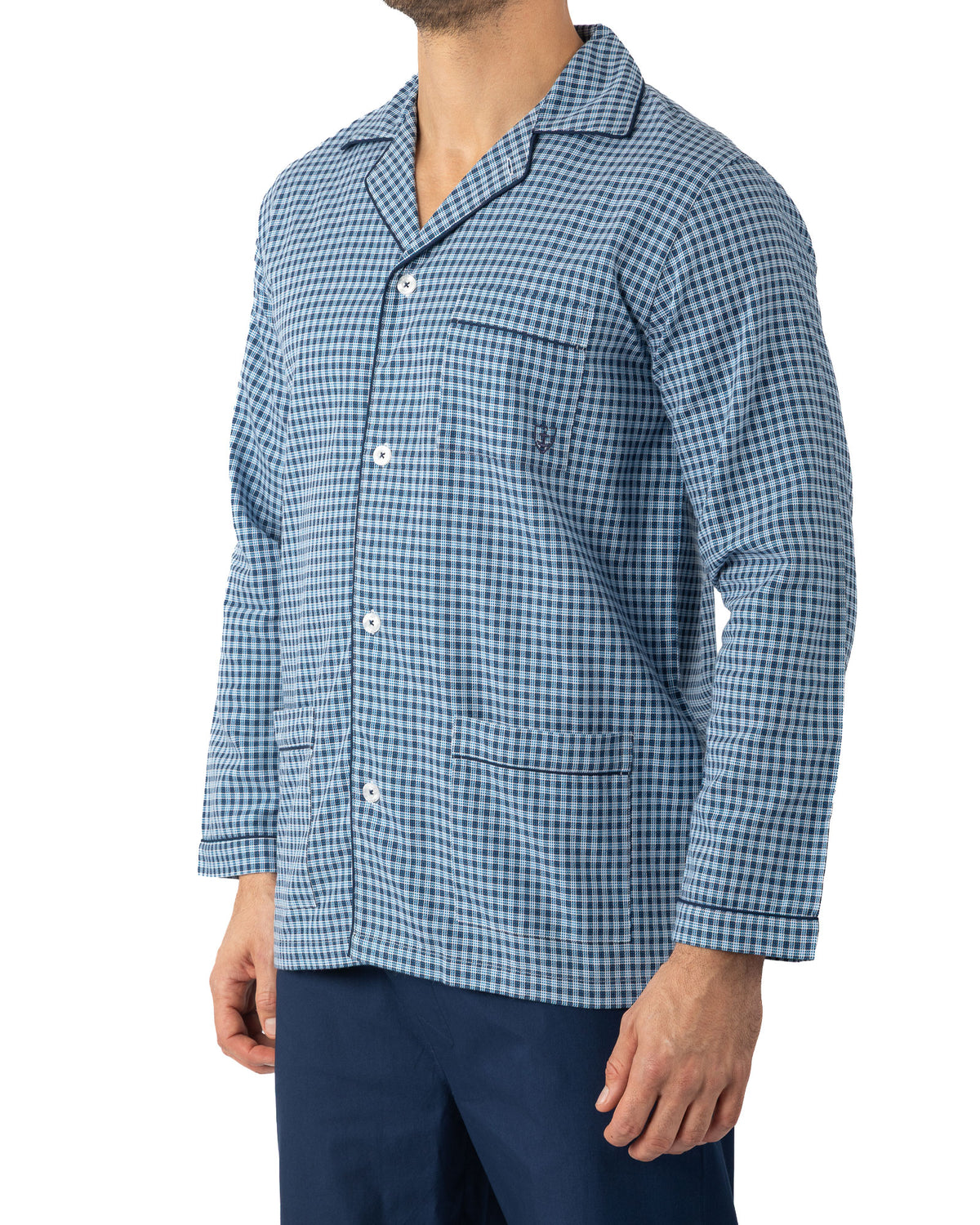 Lange open pyjama in zuiver gekamd katoen popeline ruit NAVY I476