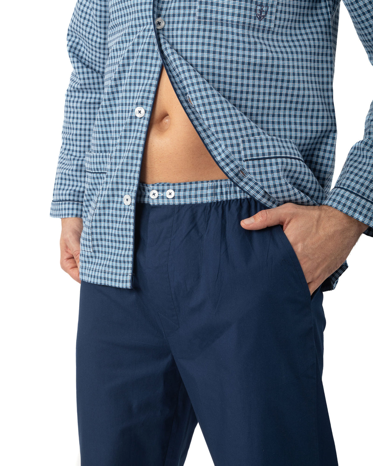 Lange open pyjama in zuiver gekamd katoen popeline ruit NAVY I476