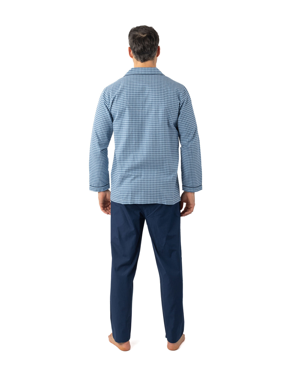 Lange open pyjama in zuiver gekamd katoen popeline ruit NAVY I476