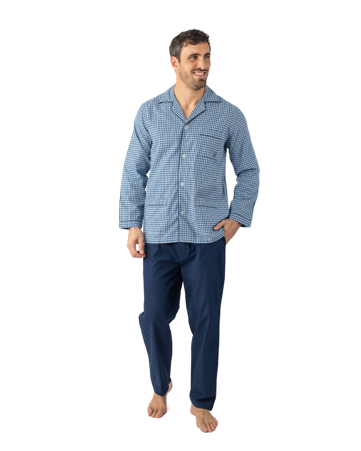 Lange open pyjama in zuiver gekamd katoen popeline ruit NAVY I476