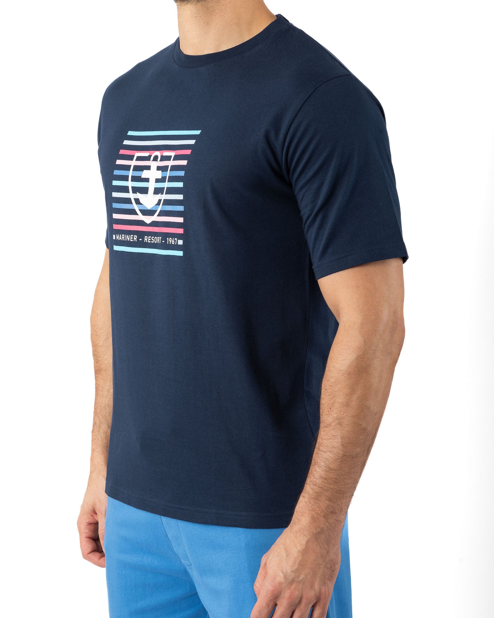 Herenpyjacourt in katoenjersey met ronde hals en marineblauw motief I510