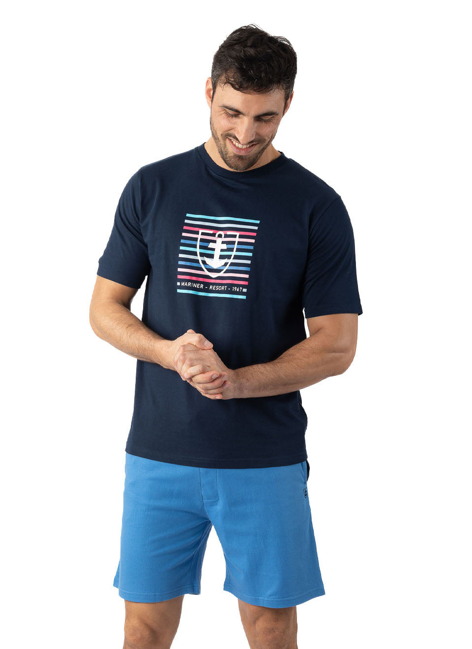 Herenpyjacourt in katoenjersey met ronde hals en marineblauw motief I510