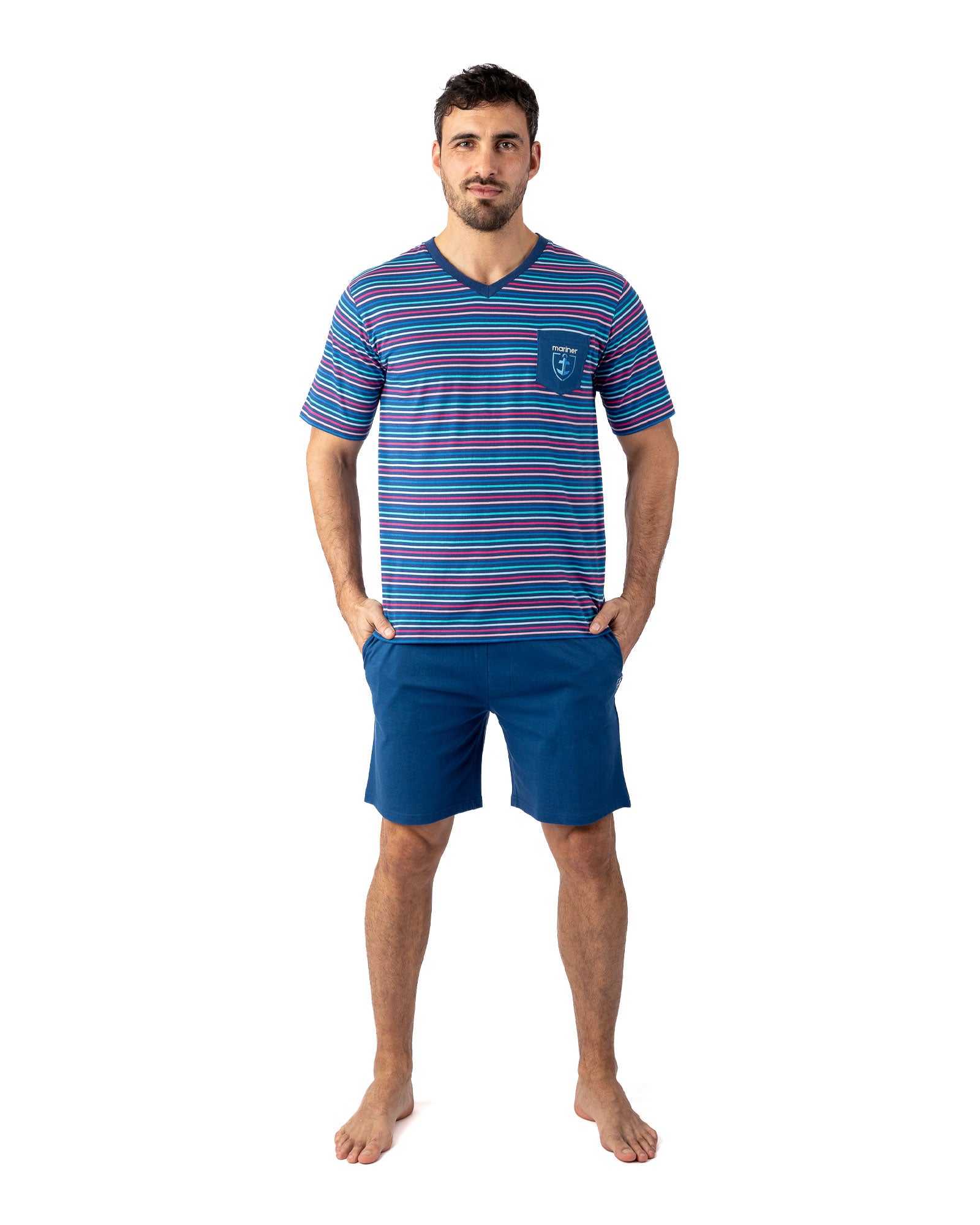 Short Round Neck Pajamas in Tangerine and Camouflage Blue Cotton Jersey