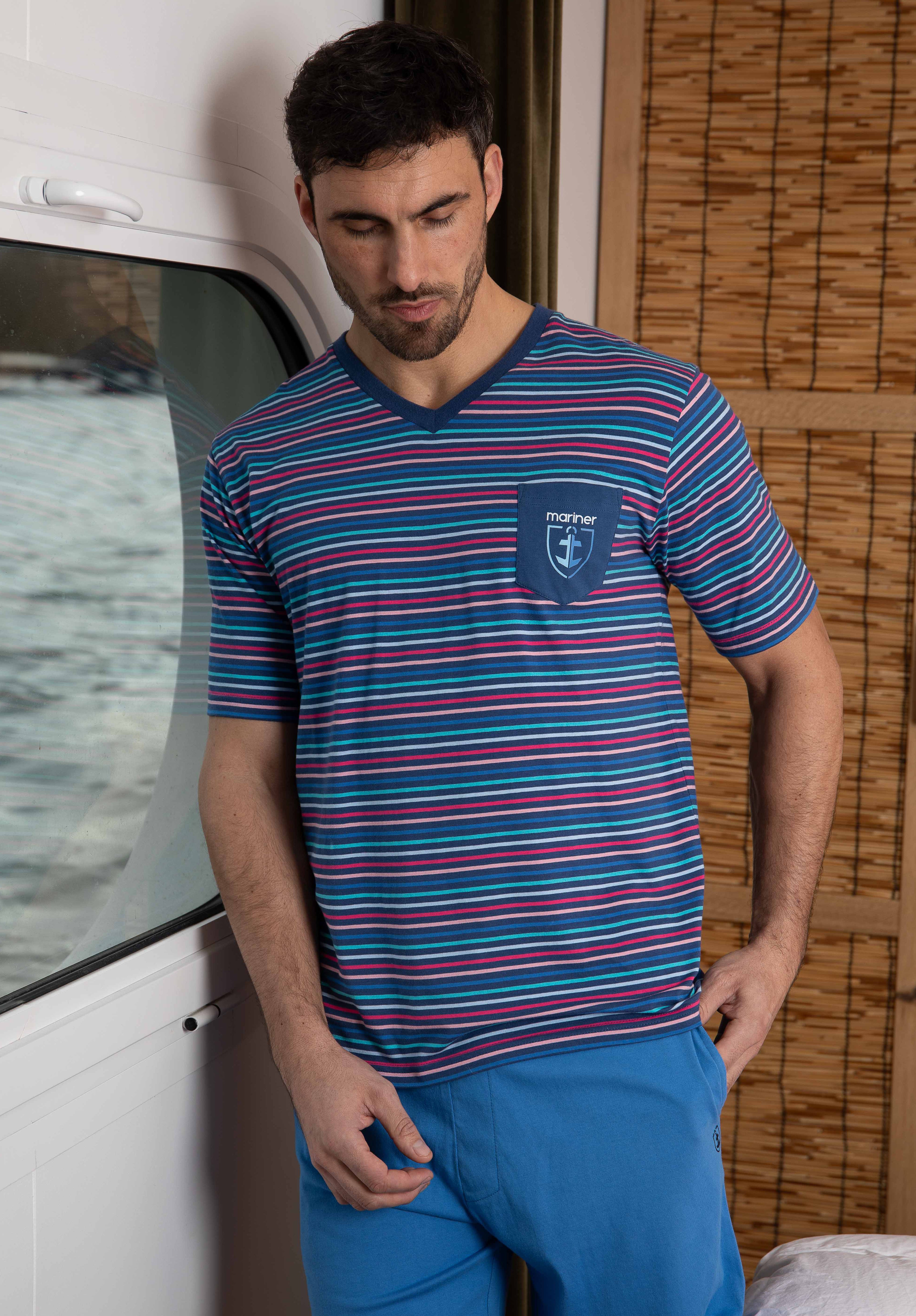 Short Round Neck Pajamas in Tangerine and Camouflage Blue Cotton Jersey