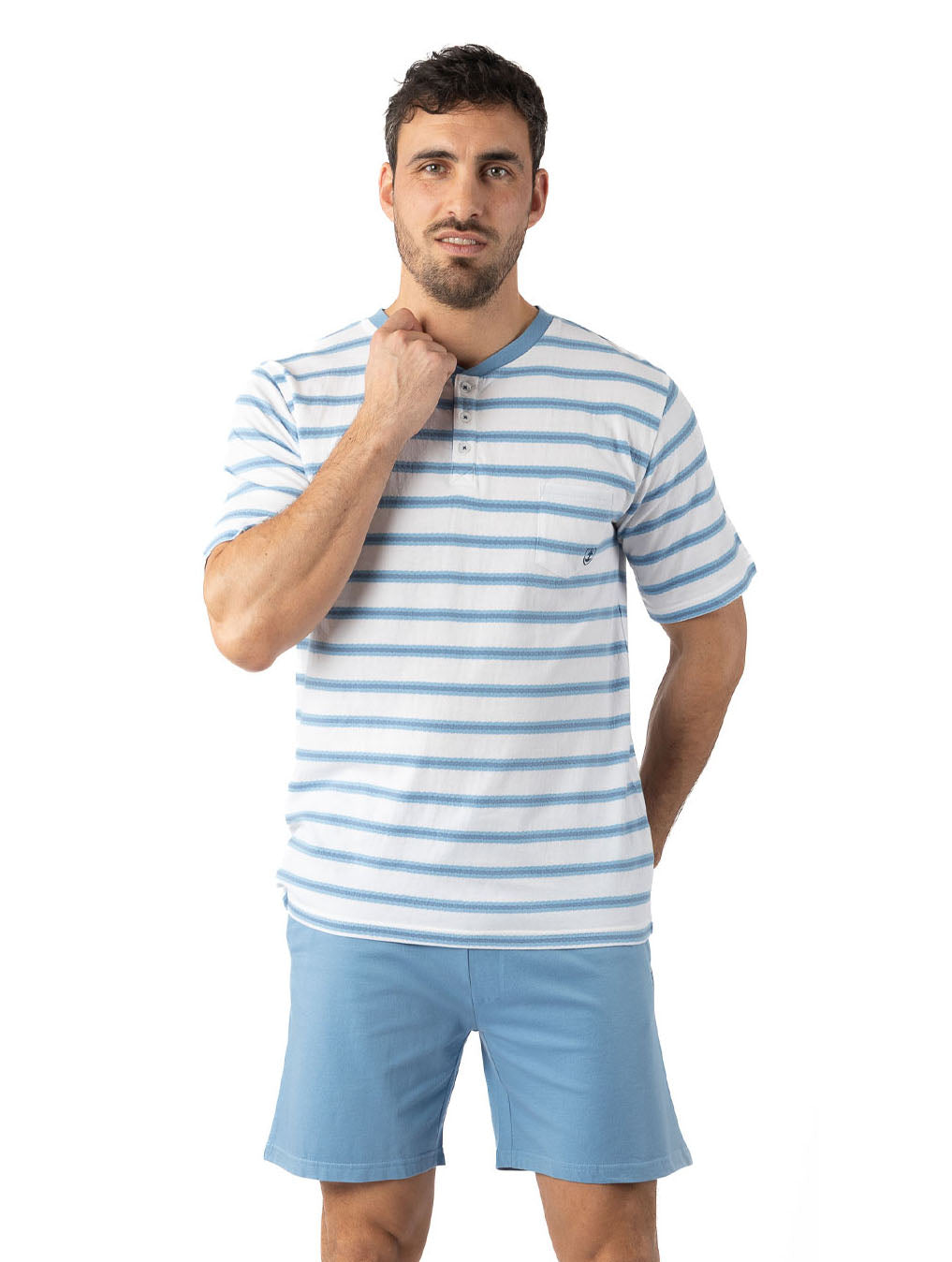 Short Round Neck Pajamas in Tangerine and Camouflage Blue Cotton Jersey