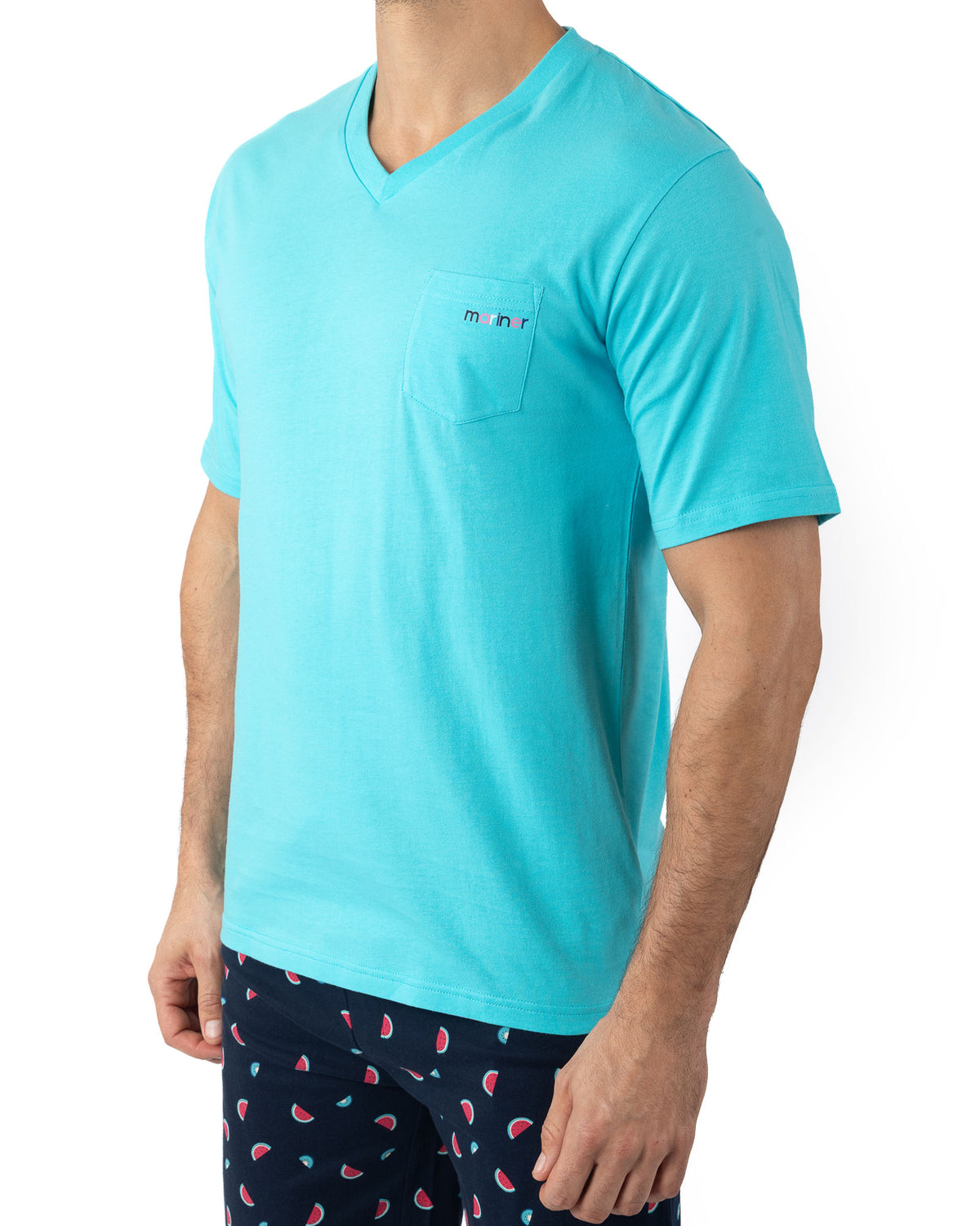 Pyjamashort met V-hals voor heren in effen en bedrukte katoenjersey Turquoise I516