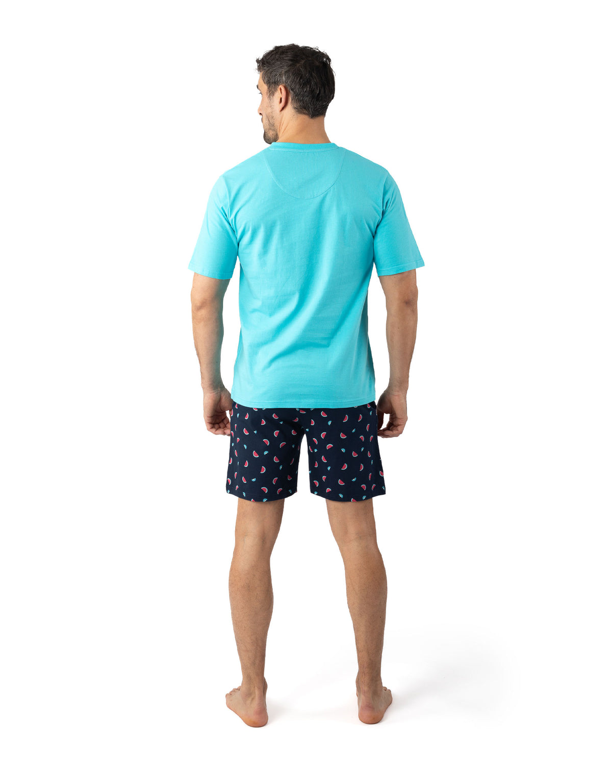 Pyjamashort met V-hals voor heren in effen en bedrukte katoenjersey Turquoise I516