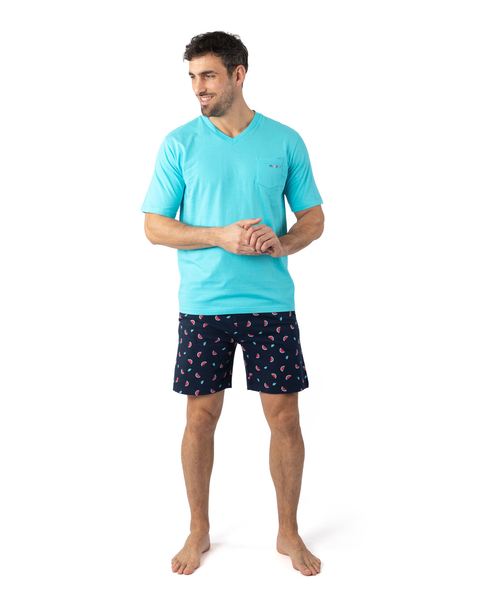 Short Round Neck Pajamas in Tangerine and Camouflage Blue Cotton Jersey