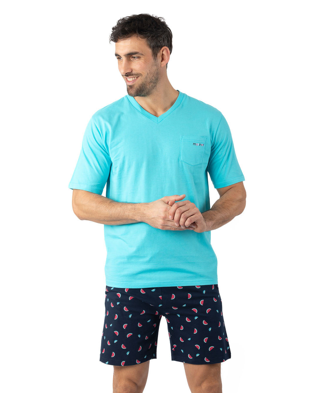 Short Round Neck Pajamas in Tangerine and Camouflage Blue Cotton Jersey