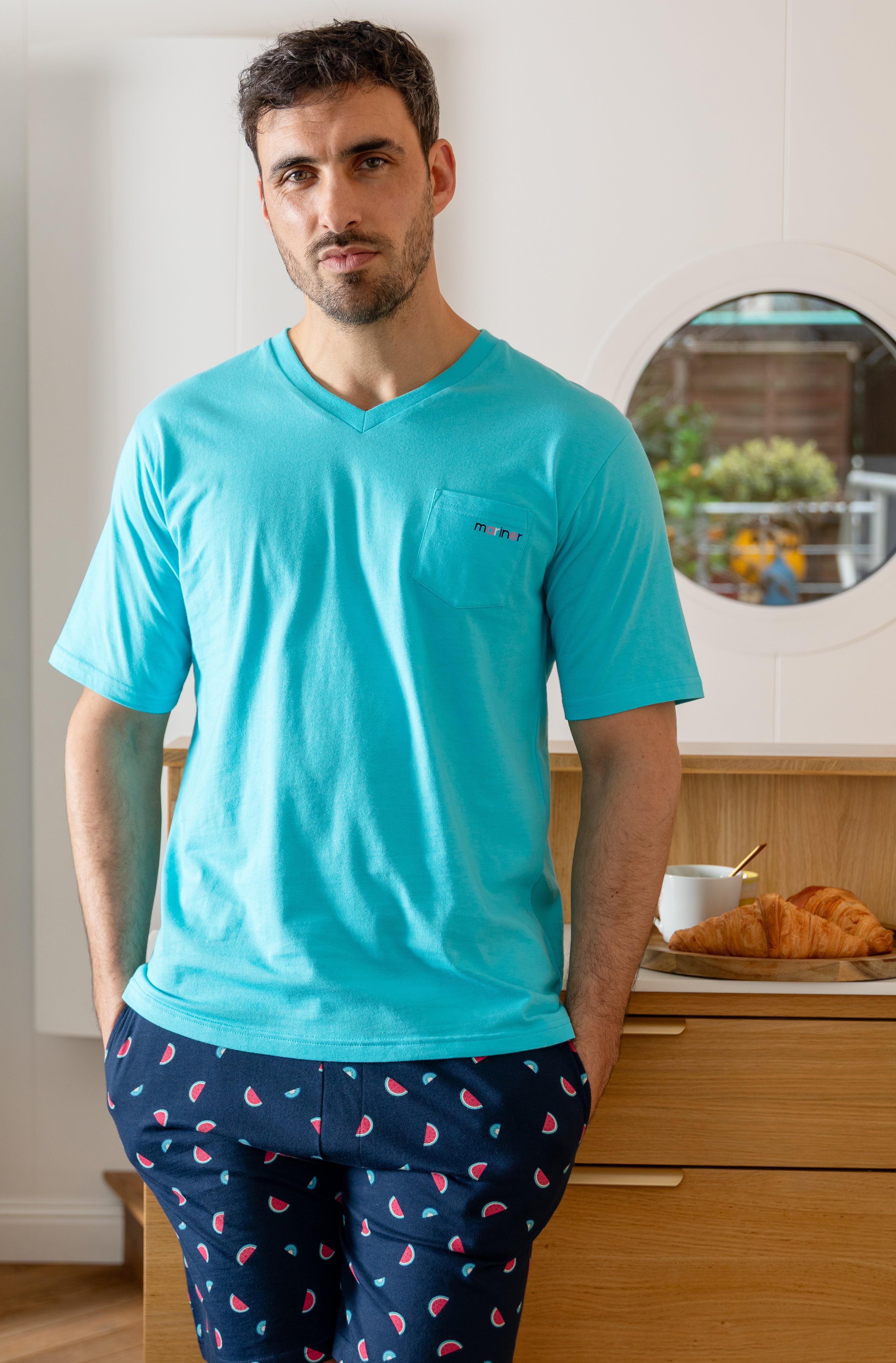 Short Round Neck Pajamas in Tangerine and Camouflage Blue Cotton Jersey