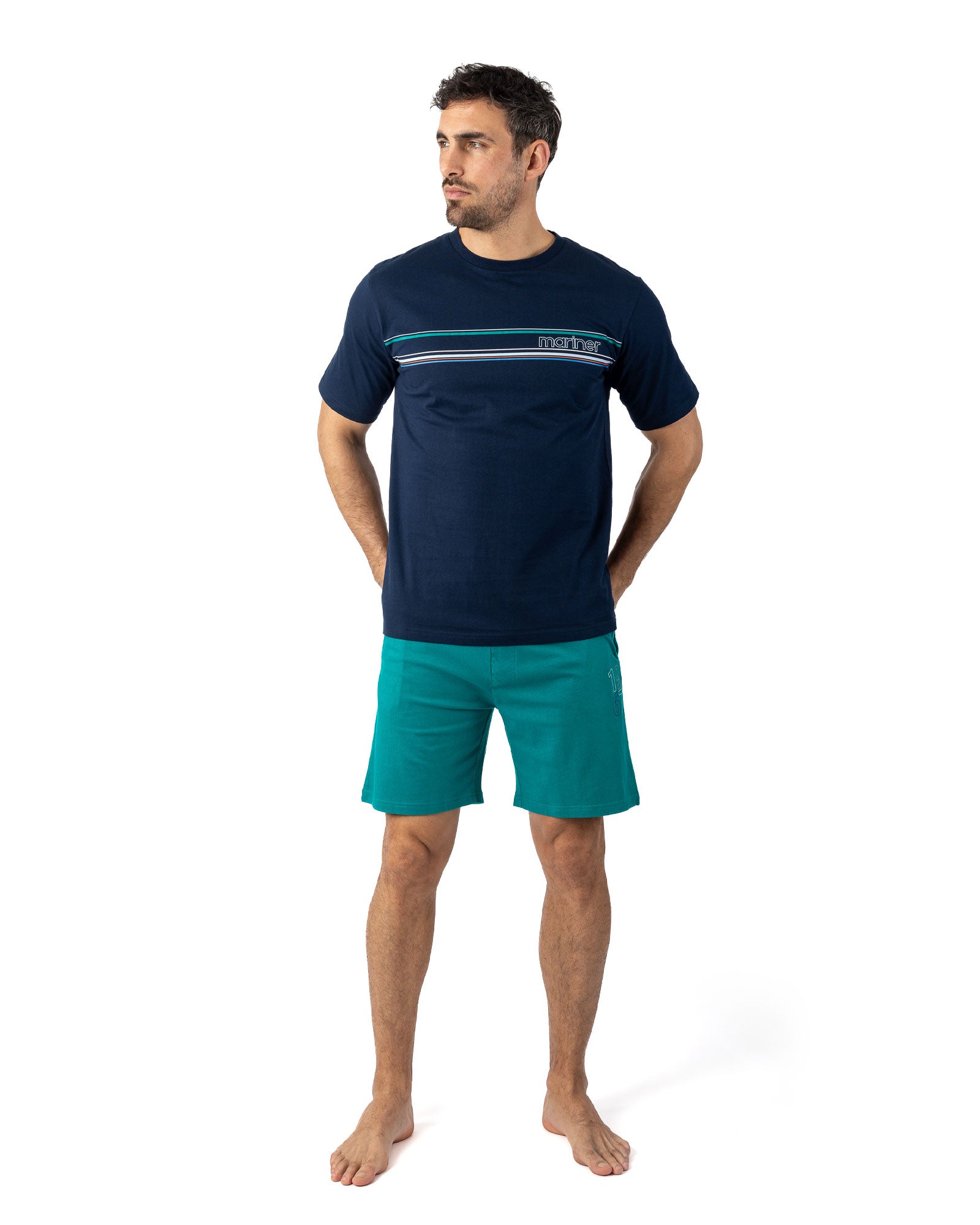 Pyjamashort Navy met ronde hals en bedrukking in katoenjersey voor heren I518