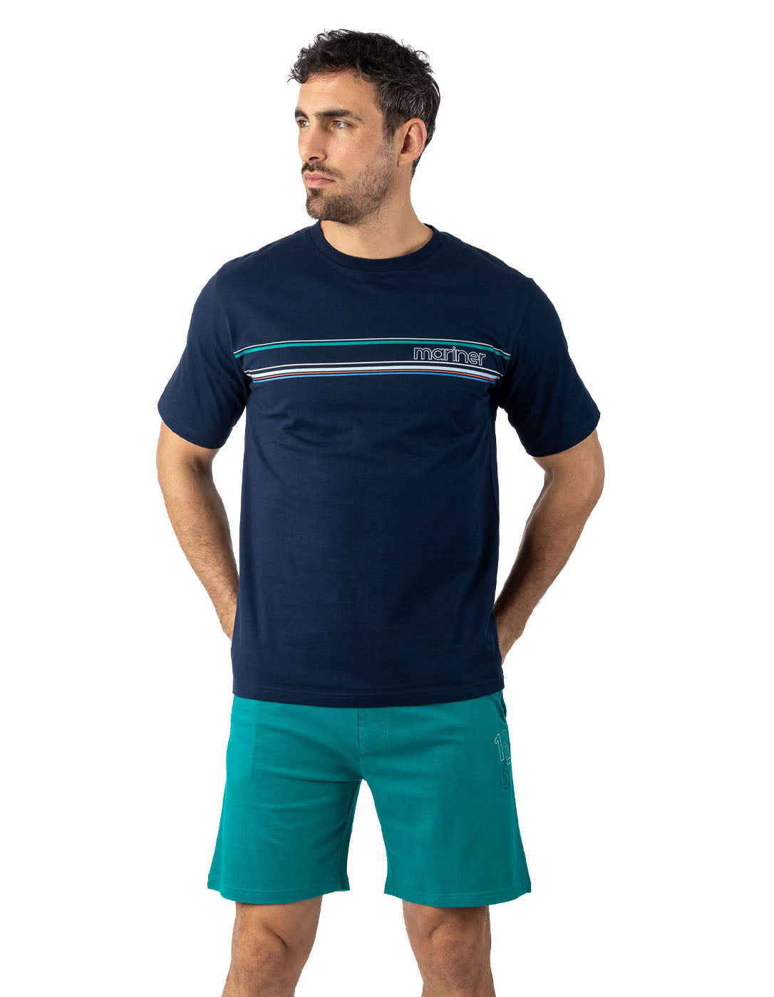 Pyjamashort Navy met ronde hals en bedrukking in katoenjersey voor heren I518