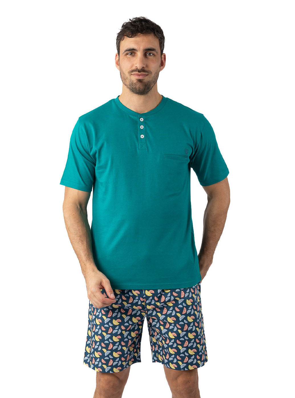Pyjashort Homme col boutonné en jersey de pur coton uni et popeline imprimée Canard I521