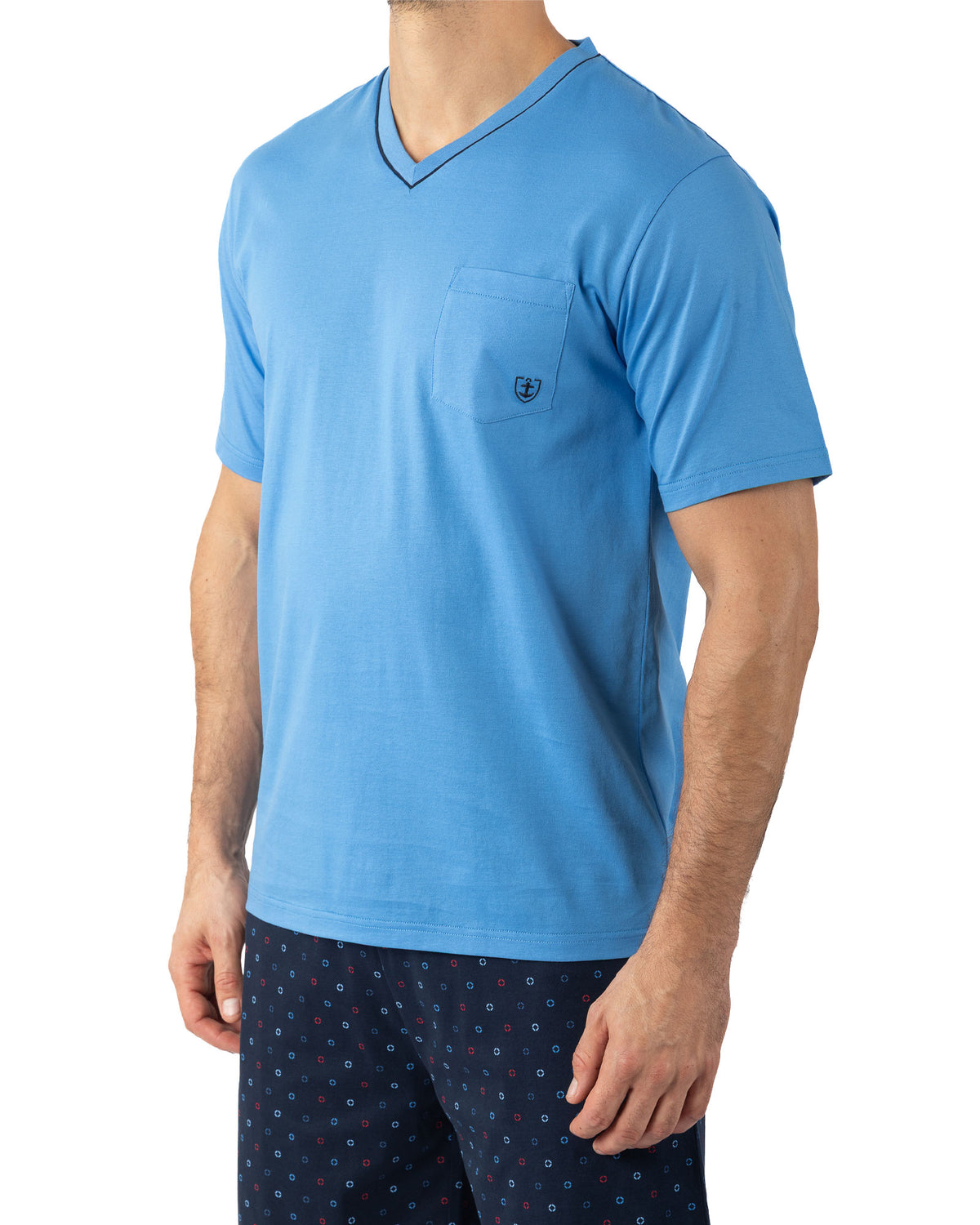 Heren Pyjamajersey V-hals gemerceriseerd katoen Blauw I527