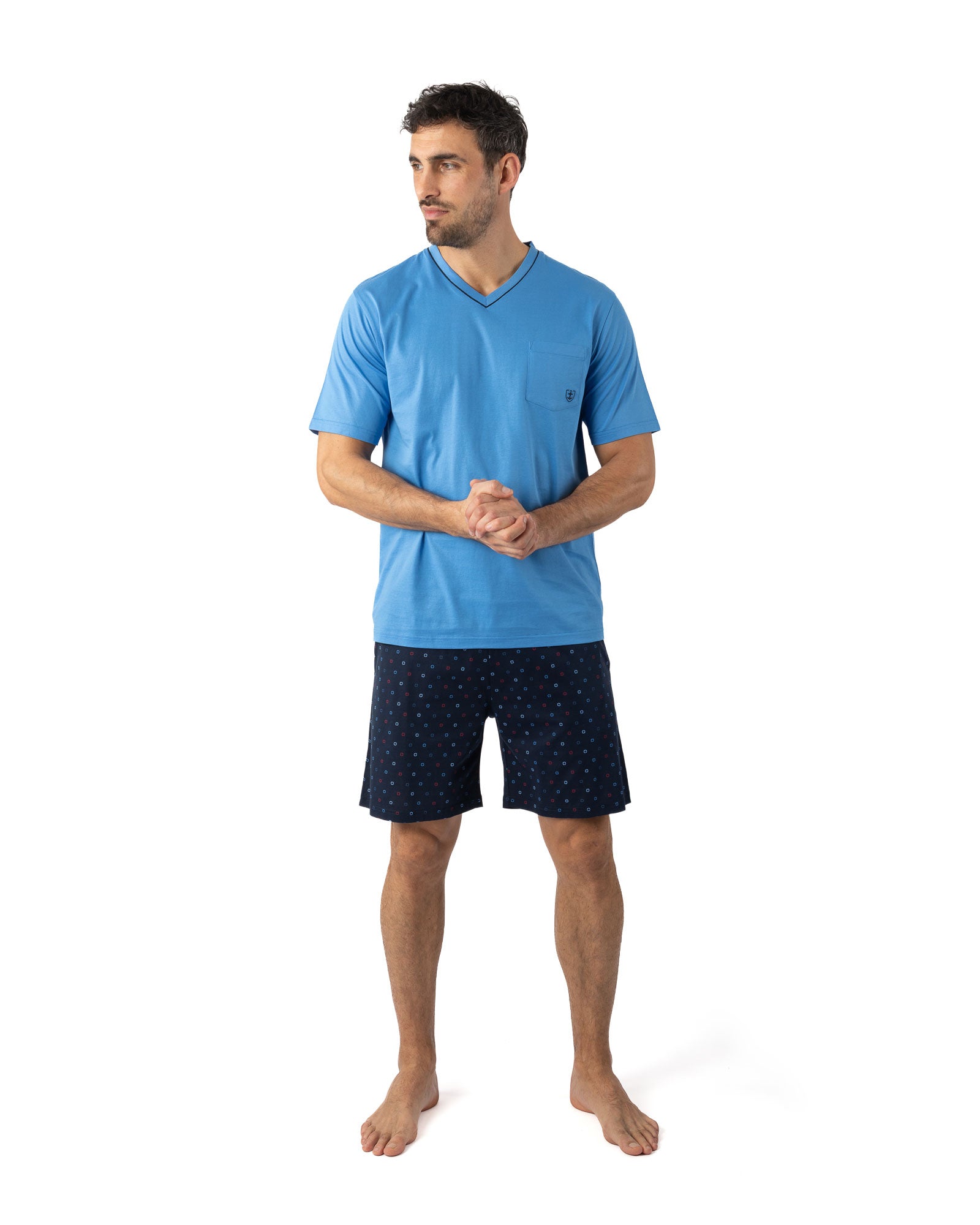 Heren Pyjamajersey V-hals gemerceriseerd katoen Blauw I527