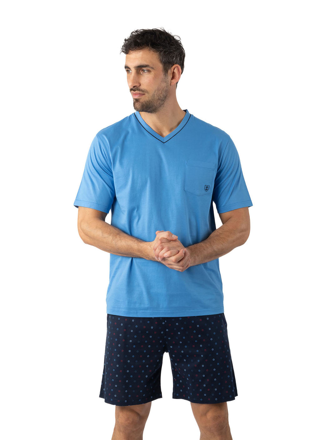 Heren Pyjamajersey V-hals gemerceriseerd katoen Blauw I527