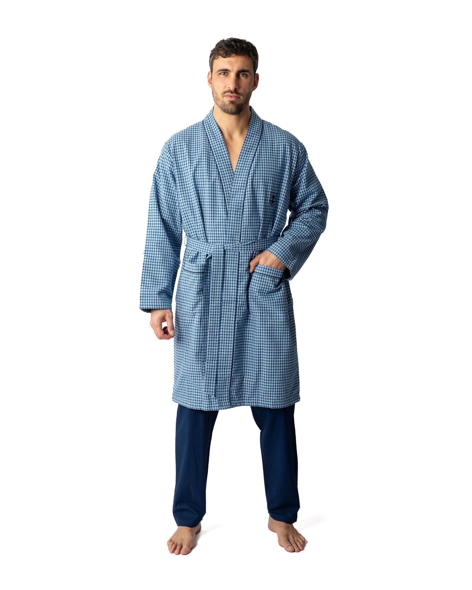 Peignoir pour Homme en Popeline à carreaux pur Coton Doublée Eponge MARINE I725
