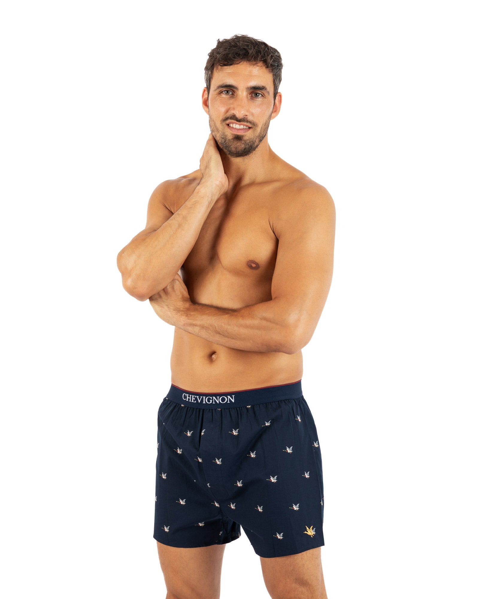 Marineblauwe boxershorts met ingebouwde slip van puur katoenen poplin met microstippen. H365