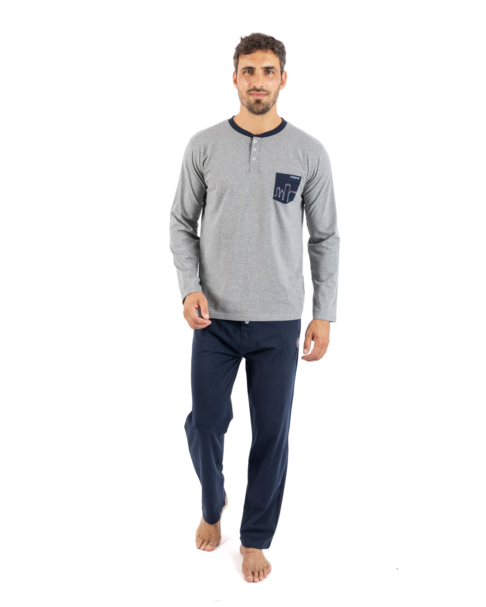 Lange herenpyjama met button-downkraag in gekamde katoenjersey Hemelsblauw en middernachtblauw I473