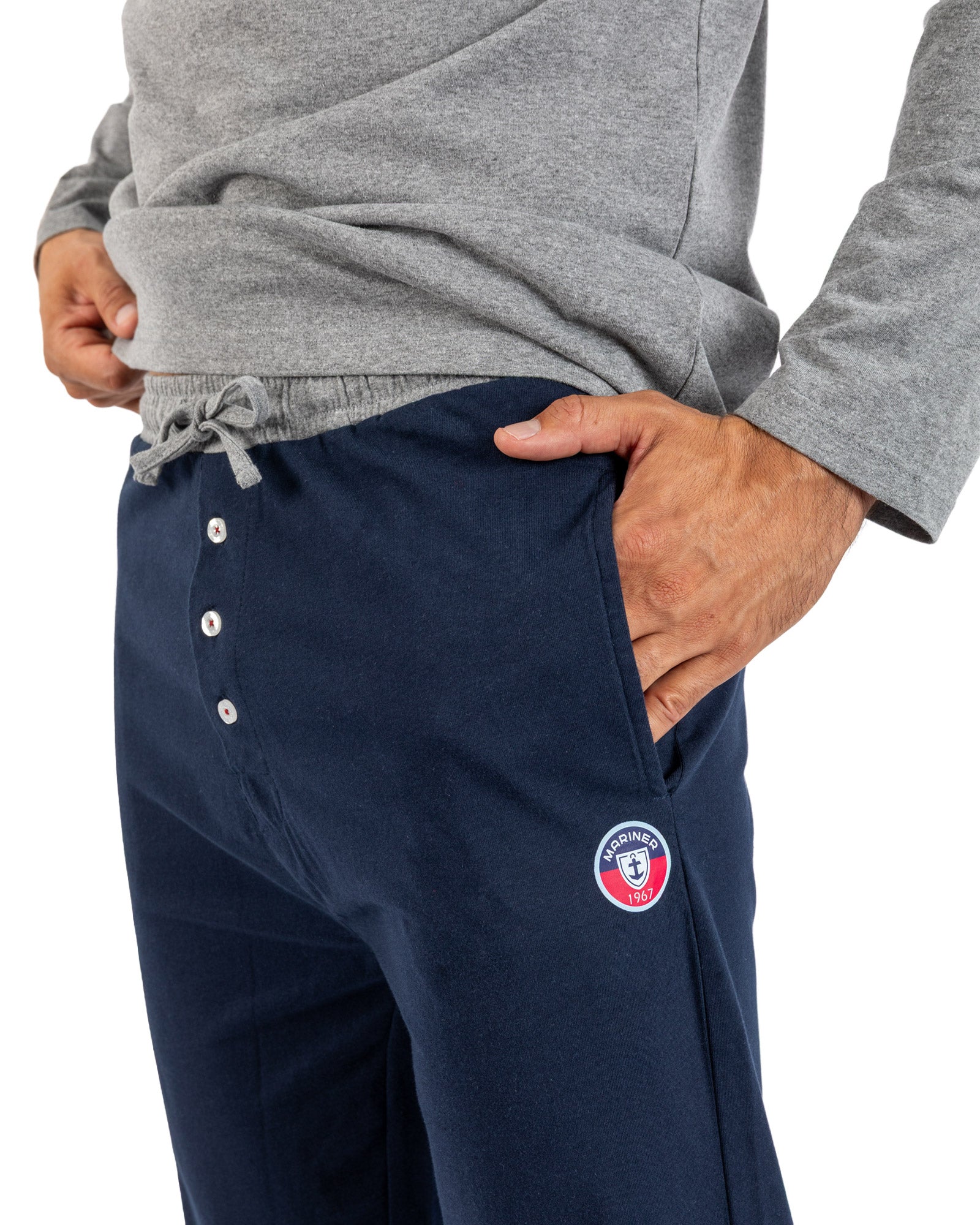 Lange herenpyjama met button-downkraag in gekamde katoenjersey Hemelsblauw en middernachtblauw I473