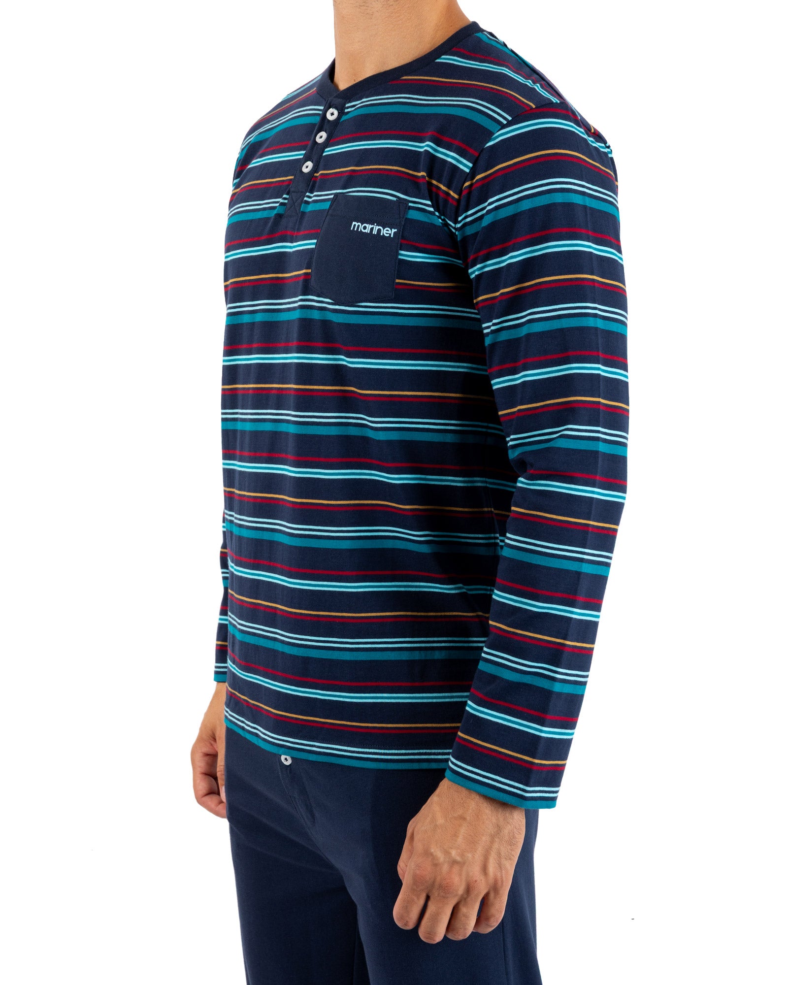 Pyjama Long Homme Col Boutonné en jersey de coton rayé Marine J456