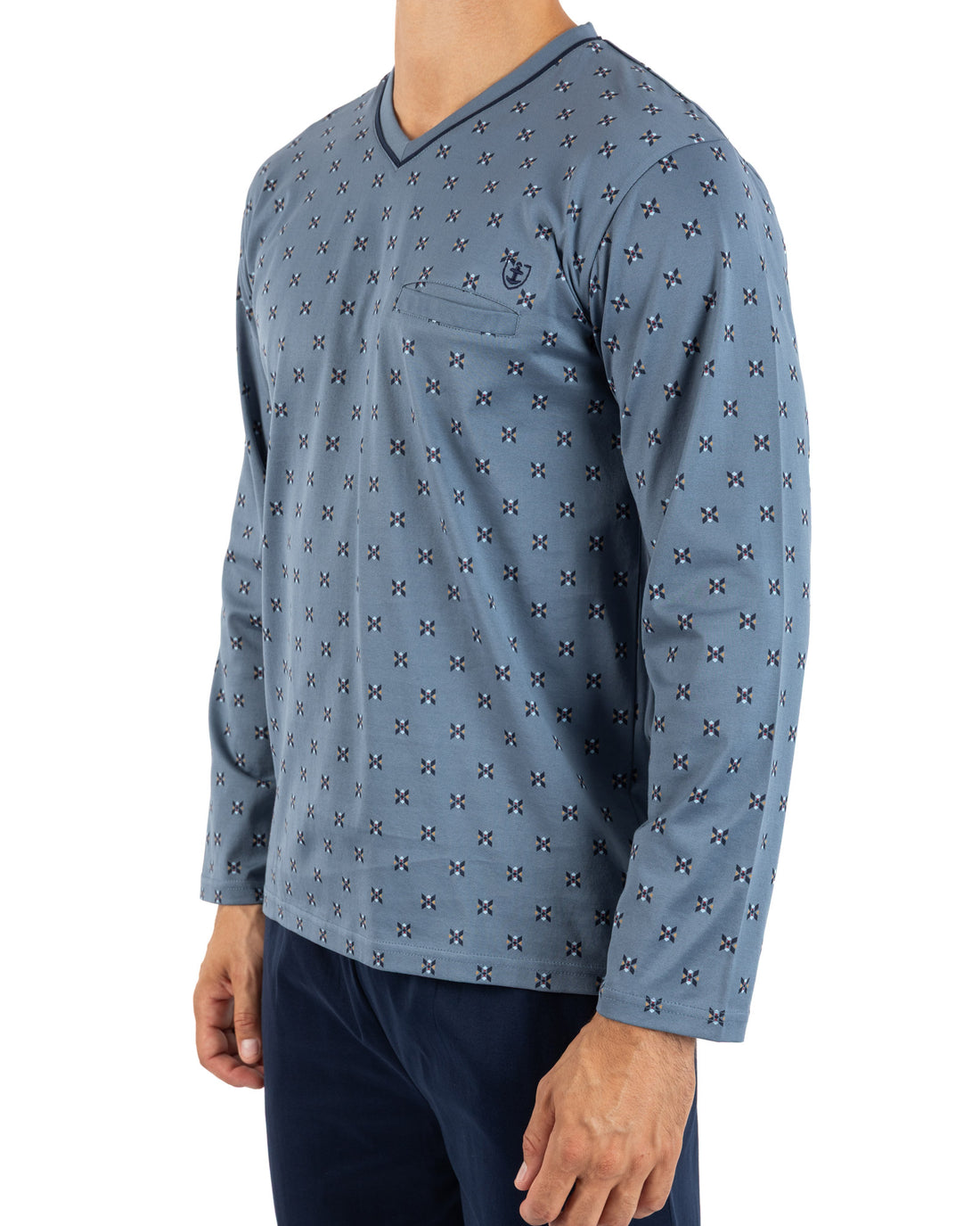 Pyjama long Col V en Jersey de Coton Mercerisé Imprimé Gris J462