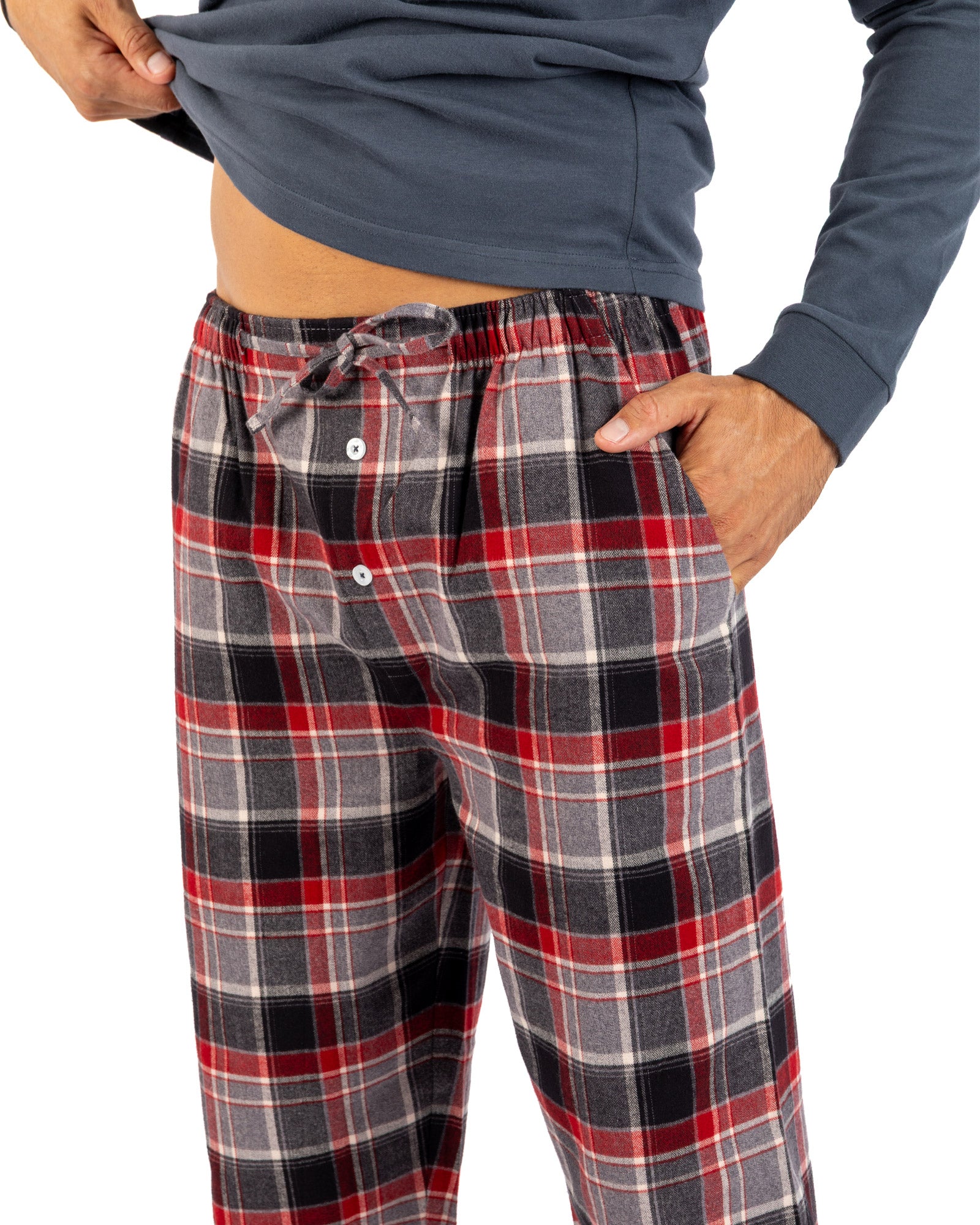 Lange pyjama met knoopsluiting in gemêleerd antracietkleurig katoenen jersey en flanel H420