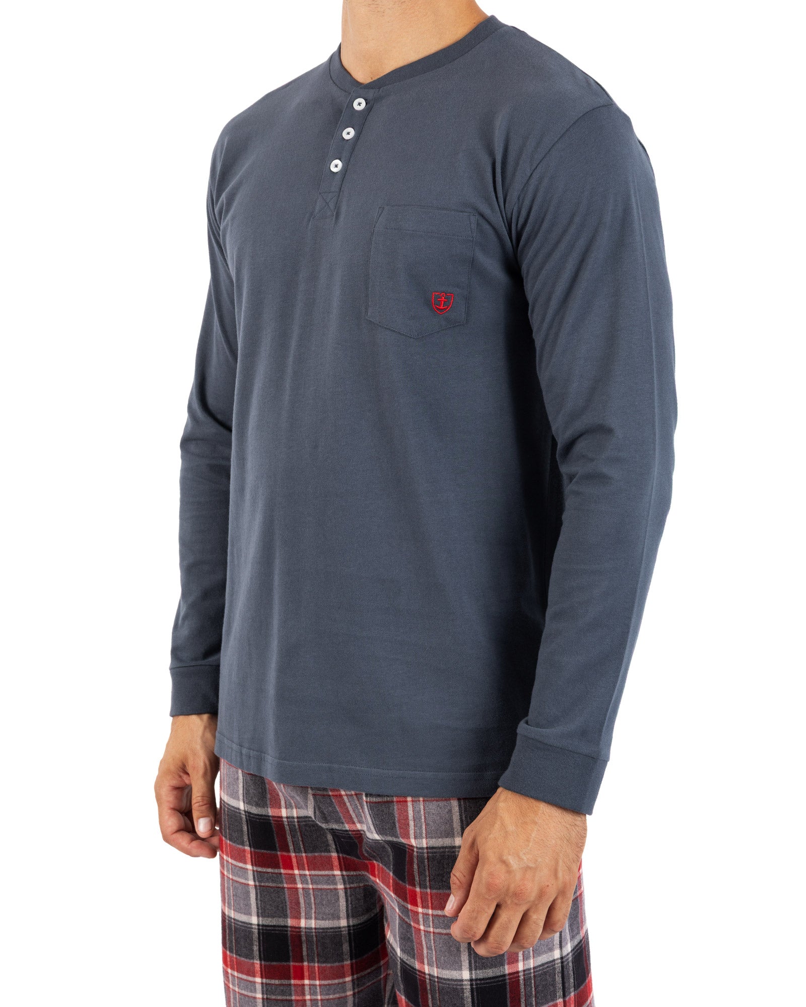 Lange pyjama met knoopsluiting in gemêleerd antracietkleurig katoenen jersey en flanel H420