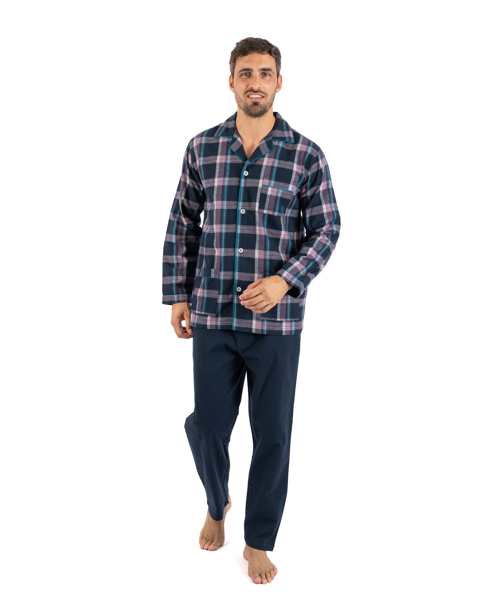Lange pyjama met open voorkant van puur gekamd katoenflanel met marineblauw ruitpatroon H422