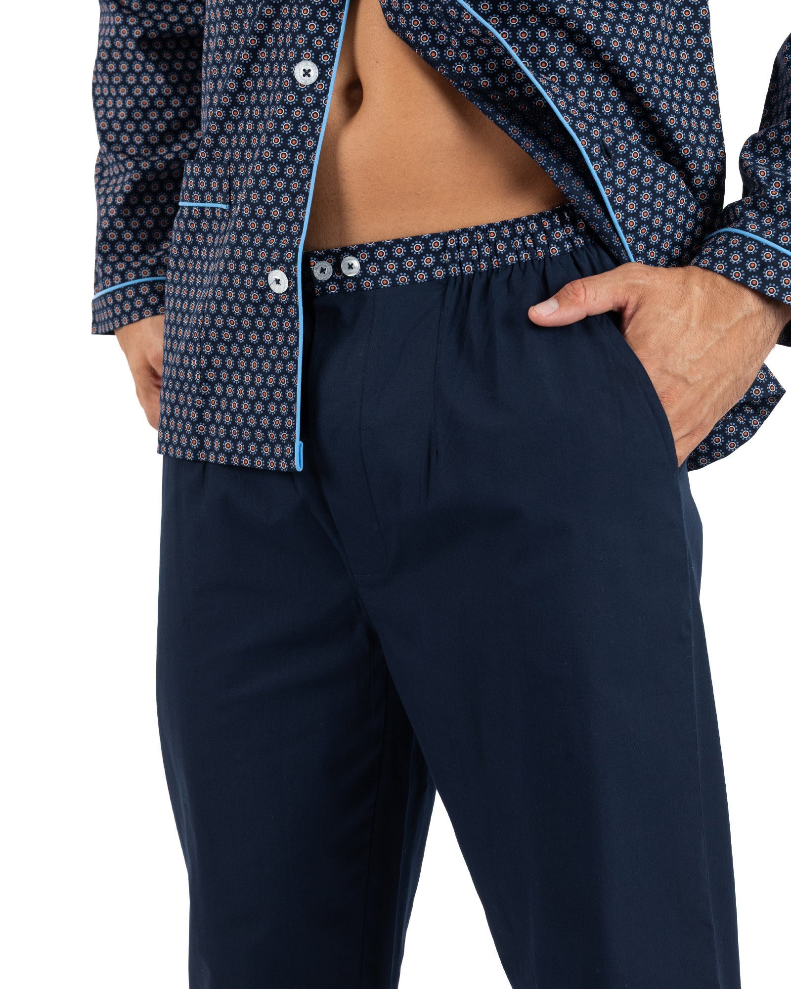Lange open pyjama in zuiver gekamd katoen popeline ruit NAVY I476