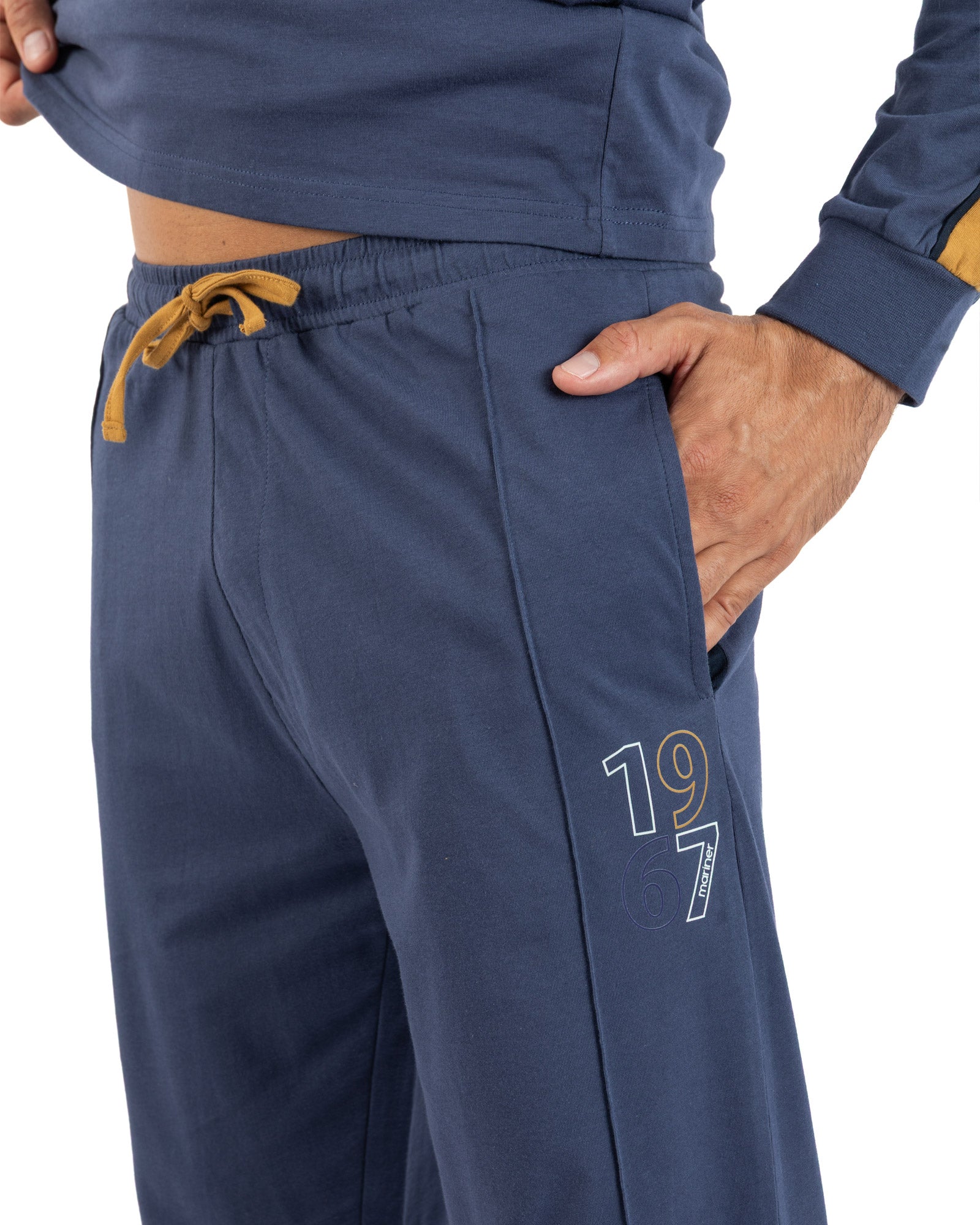 Lange herenpyjama met button-downkraag in gekamde katoenjersey Hemelsblauw en middernachtblauw I473