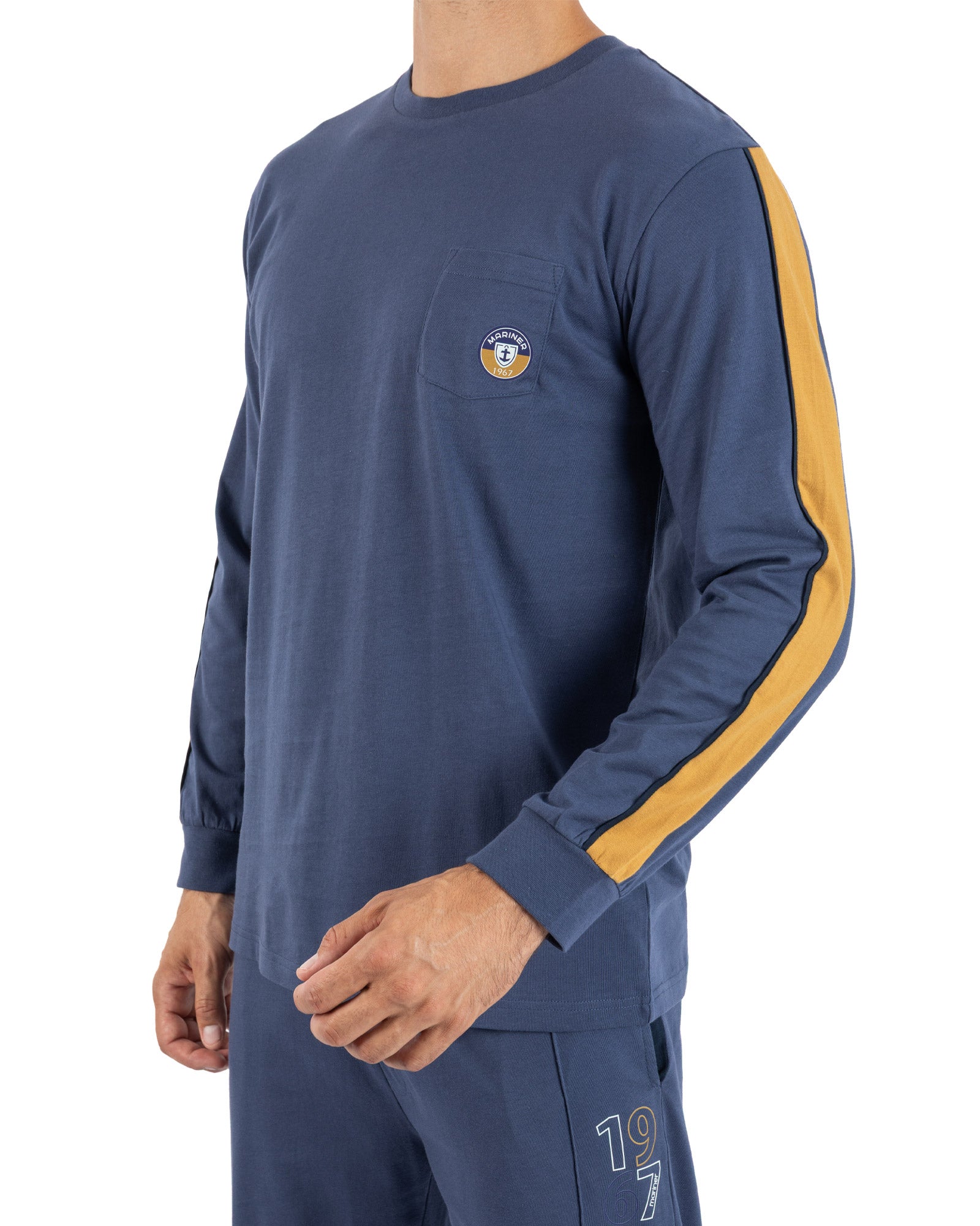 Lange herenpyjama met button-downkraag in gekamde katoenjersey Hemelsblauw en middernachtblauw I473