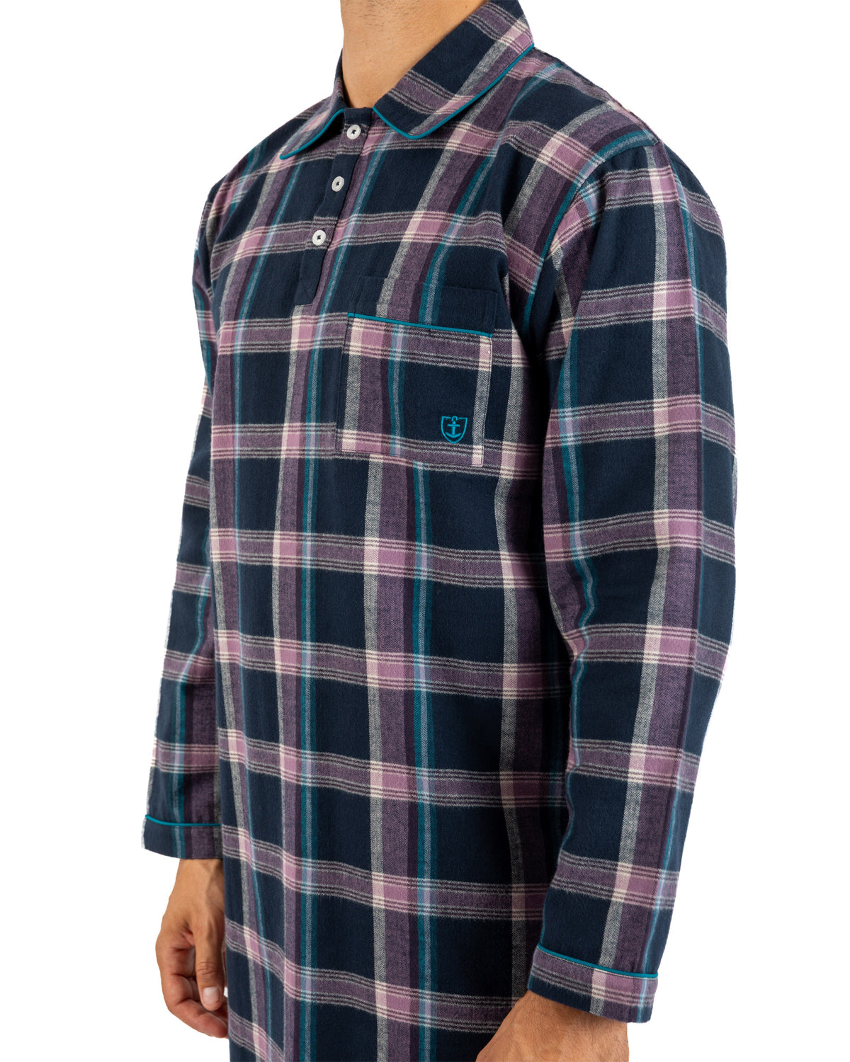 Slaapoverhemd Blauw gemerceriseerd katoen Jersey lange kraag