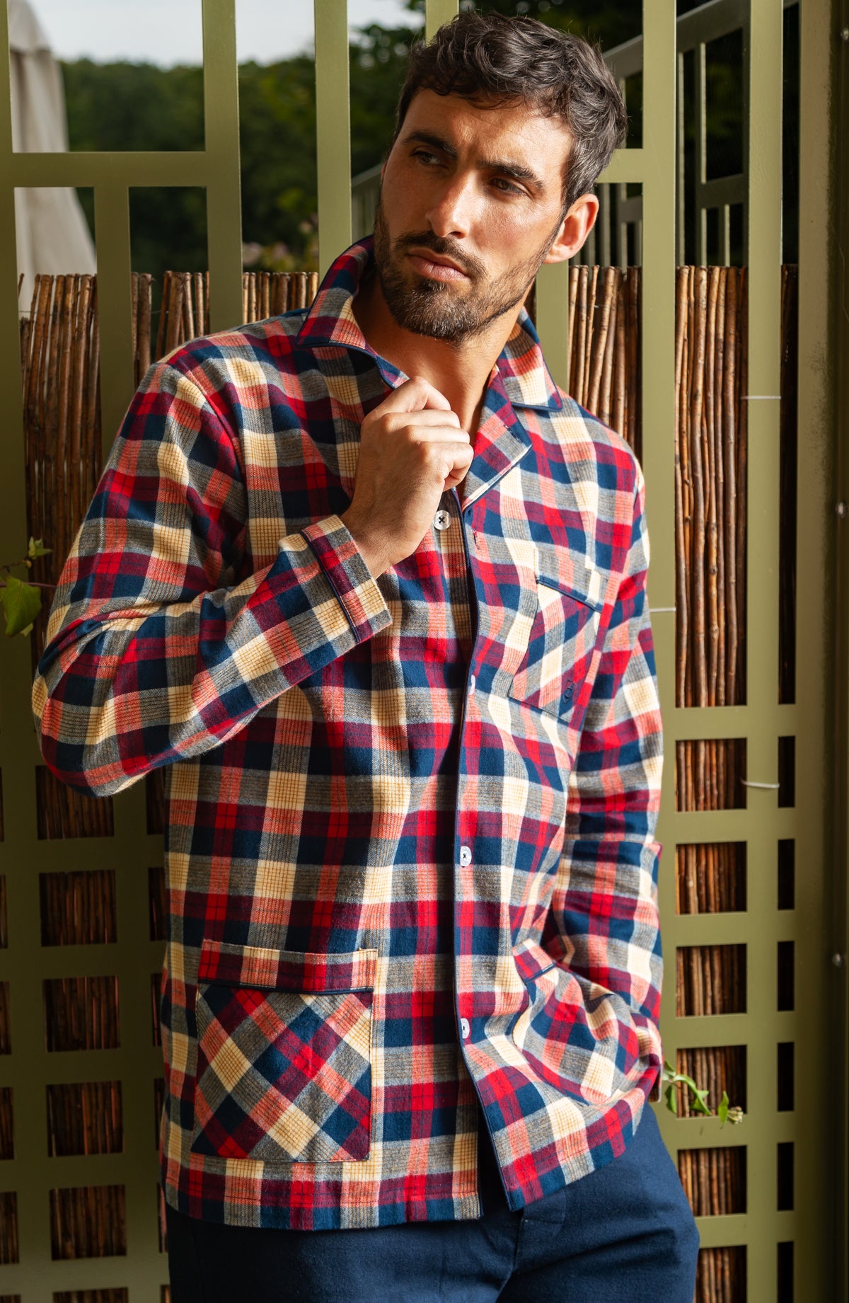 Navy Blue Pure Combed Cotton Flannel Open Long Scottish Check Pajamas