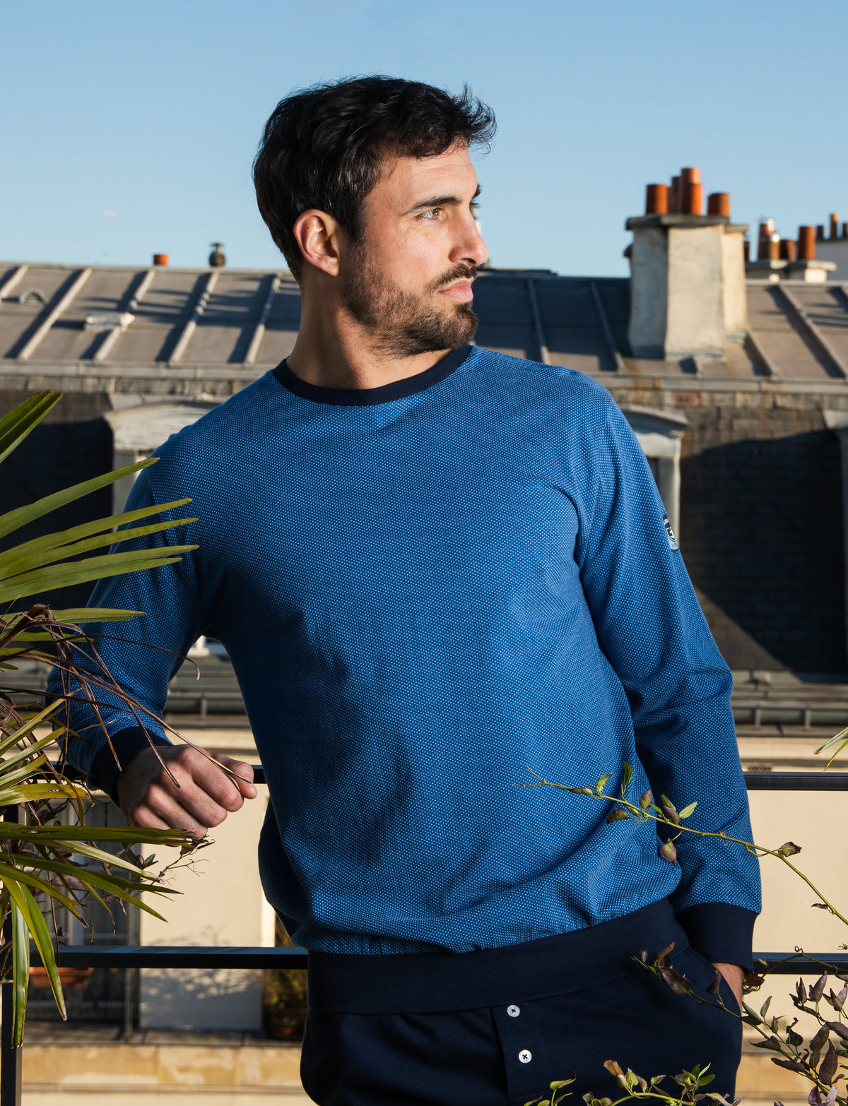 Round Neck Pajamas in Navy Piqué Knit Cotton Jersey