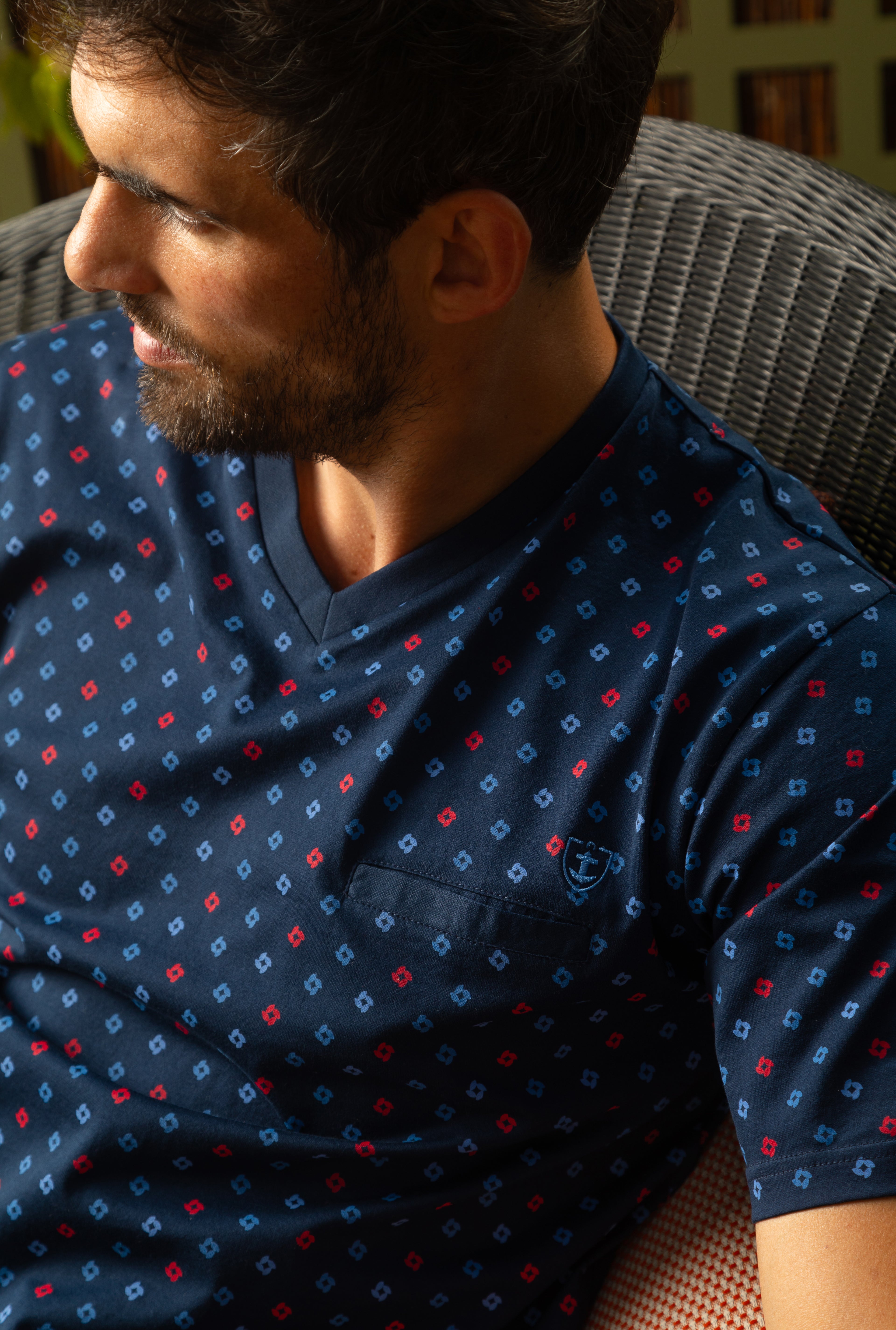 Pyjacourt Col V en Jersey de Coton Mercerisé Marine F568