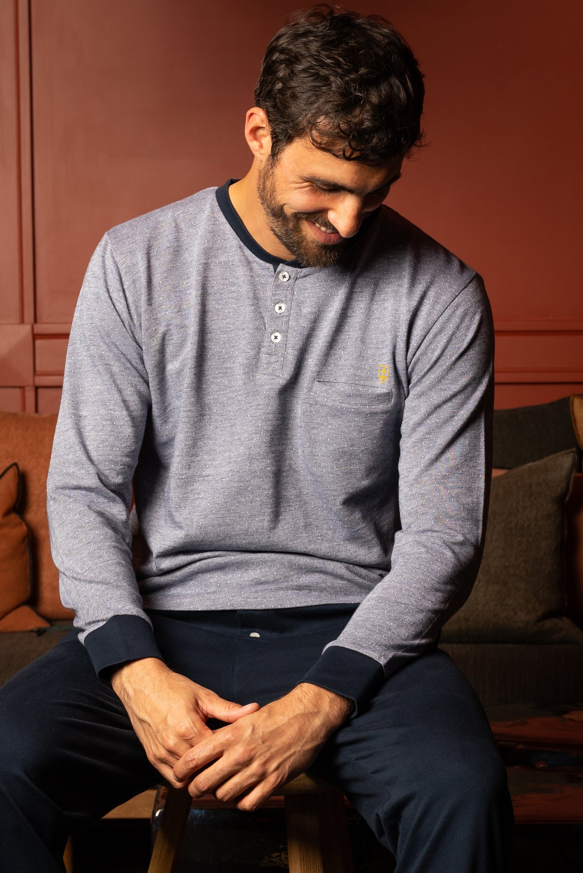 Buttoned Collar Pajamas in Brown Cotton Jersey Heather Effect Navy Trousers