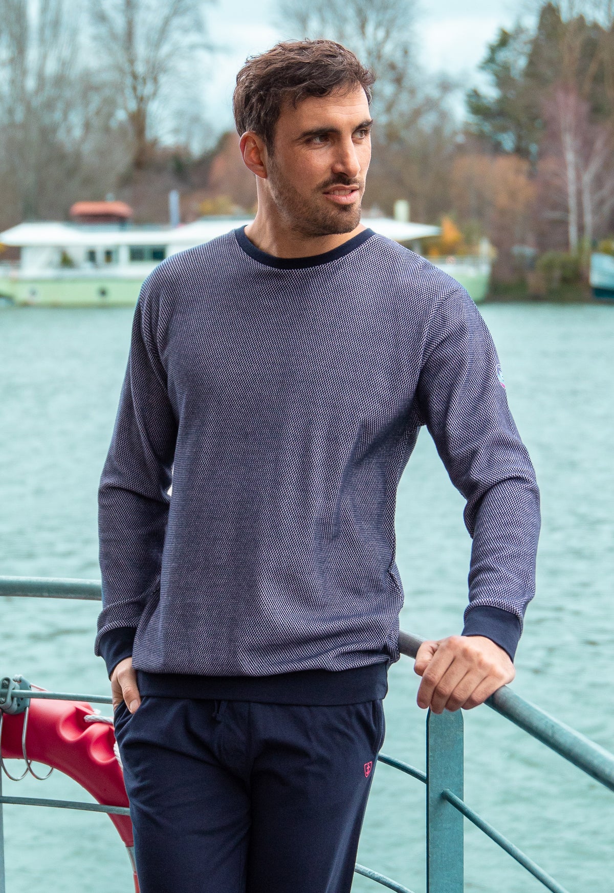 Pyjama homme Col rond maille Piqué jacquard en coton Marine I470