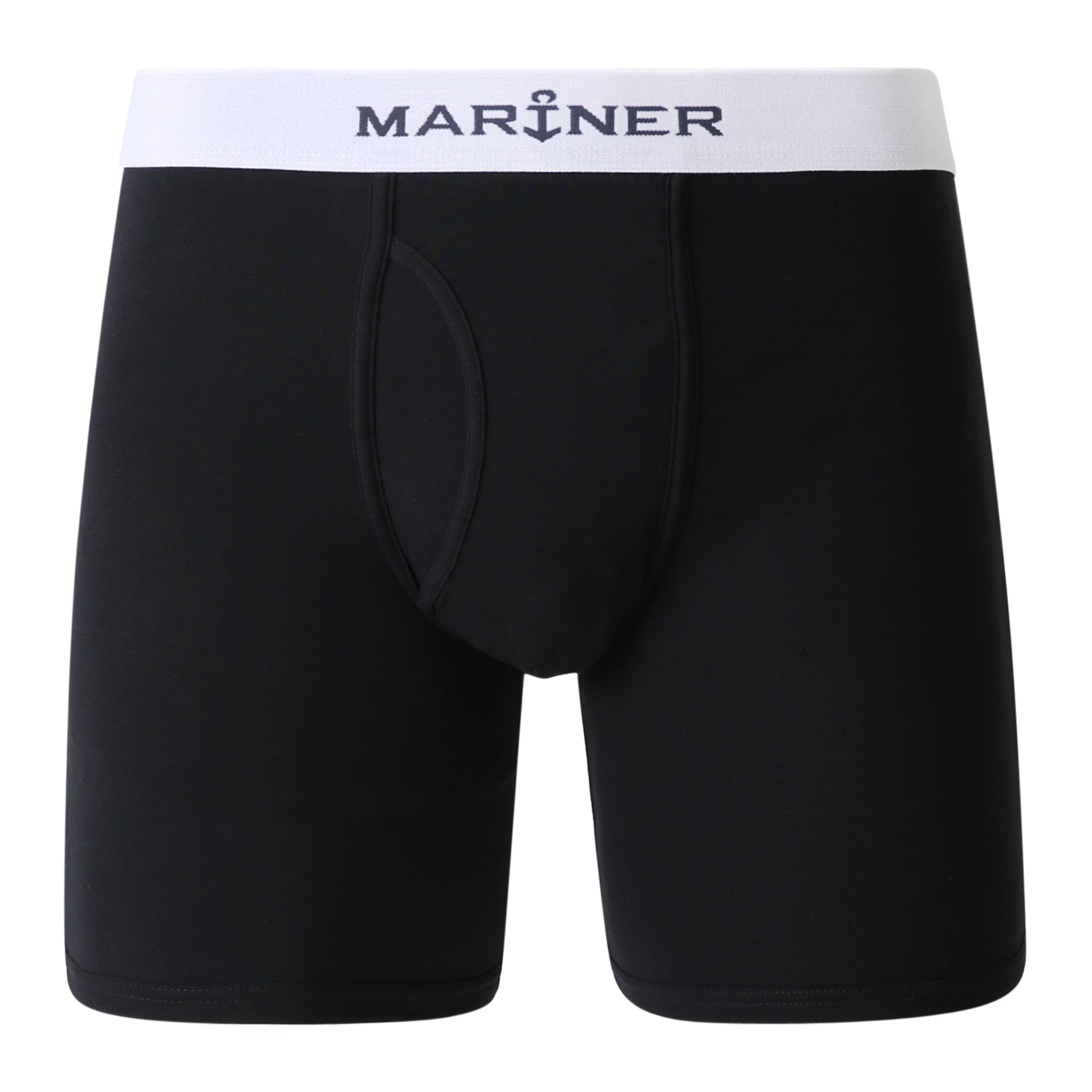 Shorty long ouvert bleu noir en coton stretch, vue arrière pour montrer la coupe ajustée.