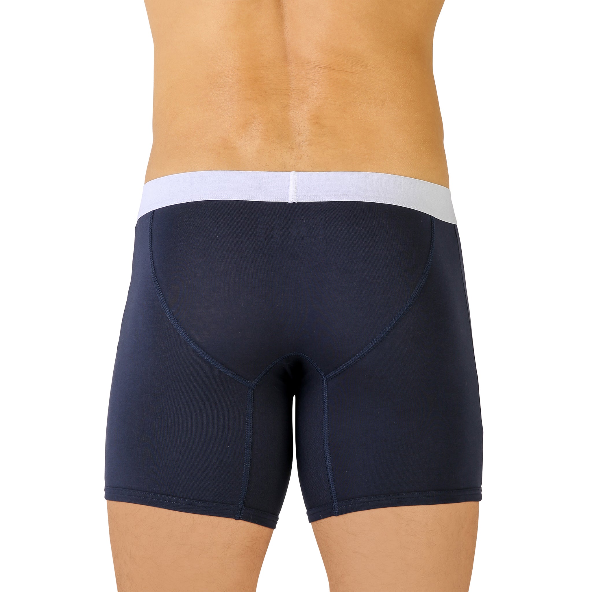 Shorty long ouvert bleu marine pour homme, présenté de côté.
