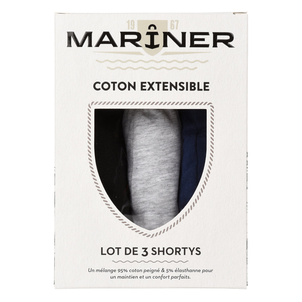 Lot de 3 shortys en coton stretch BIO dans un emballage Mariner - noir, bleu marine, et gris chiné.