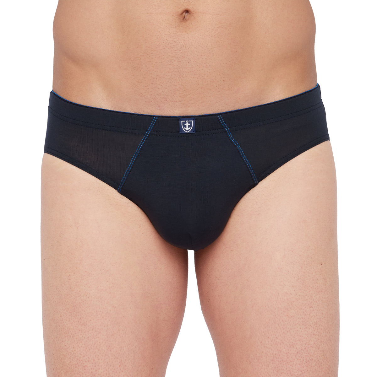 Vue avant d’un slip taille basse bleu marine en Tencel stretch, avec ceinture enrobée pour un confort optimal.