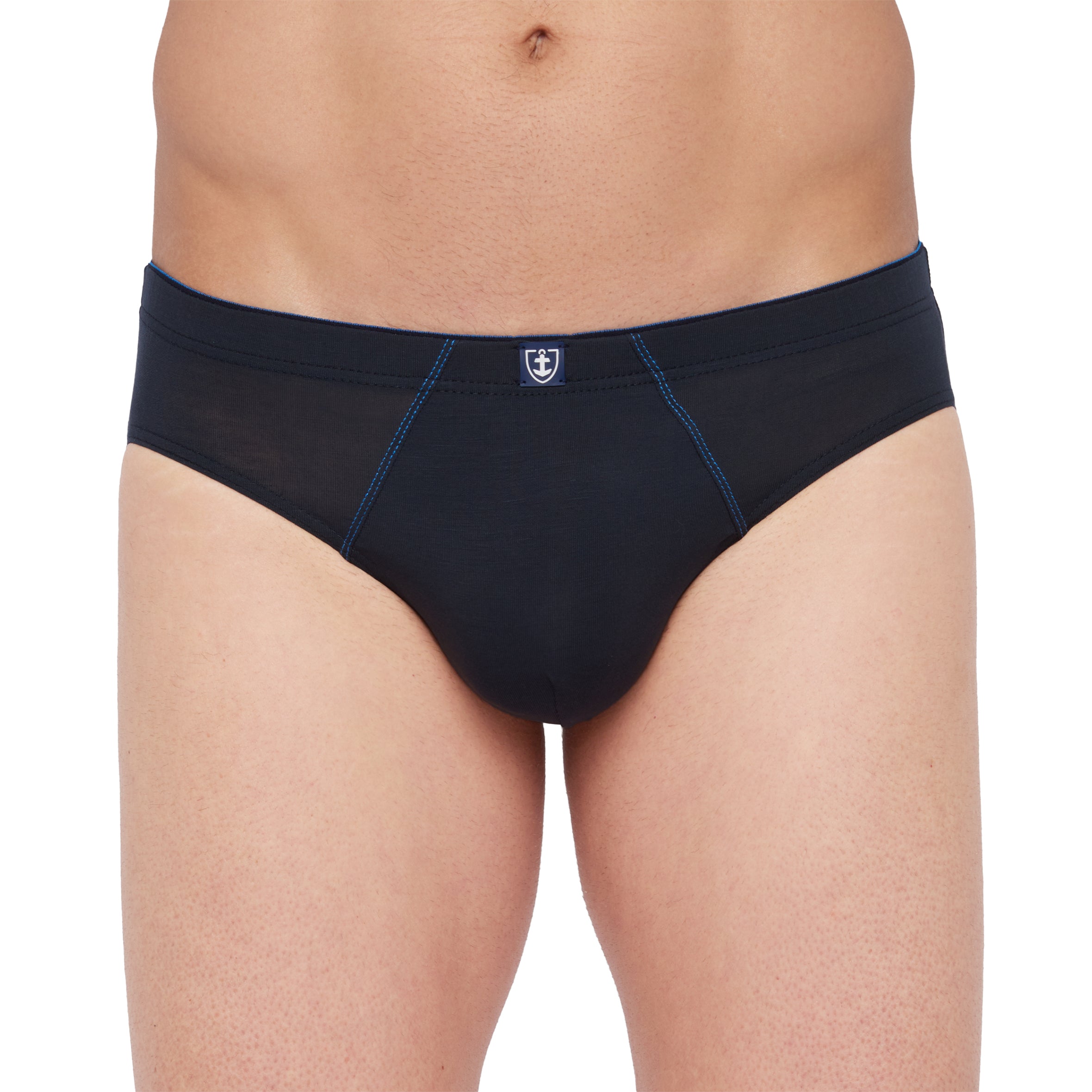 Vue avant d’un slip taille basse bleu marine en Tencel stretch, avec ceinture enrobée pour un confort optimal.