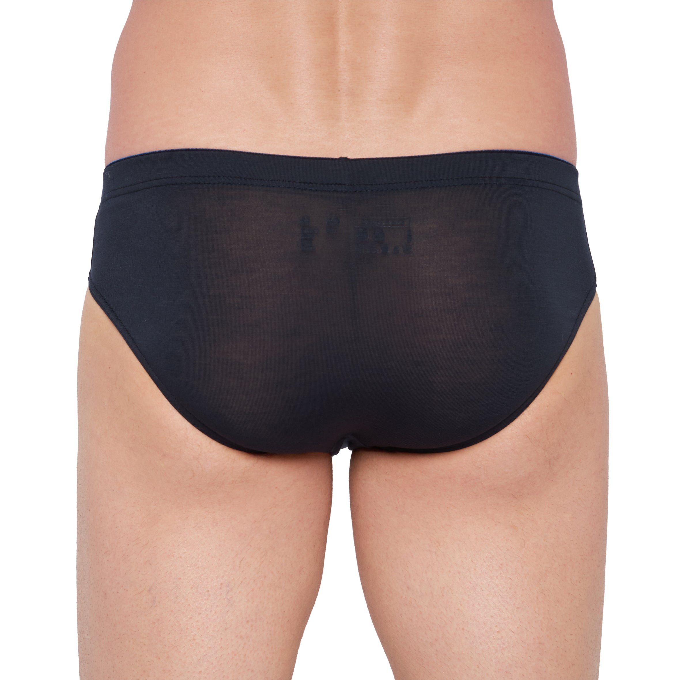 Vue arrière d’un slip taille basse bleu marine, fabriqué en tissu léger et respirant pour un usage quotidien.